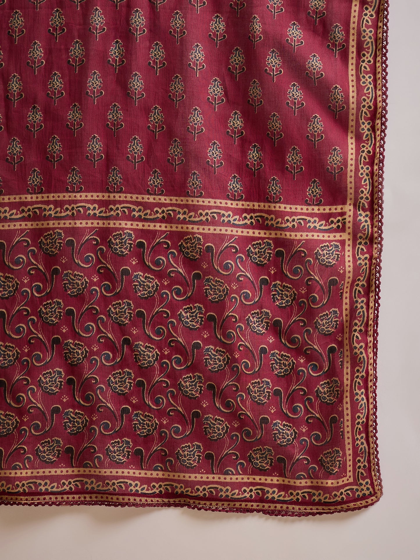 Floral Printed Sequinned Pleated Anarkali Pure Cotton Kurta With Trousers & Dupatta