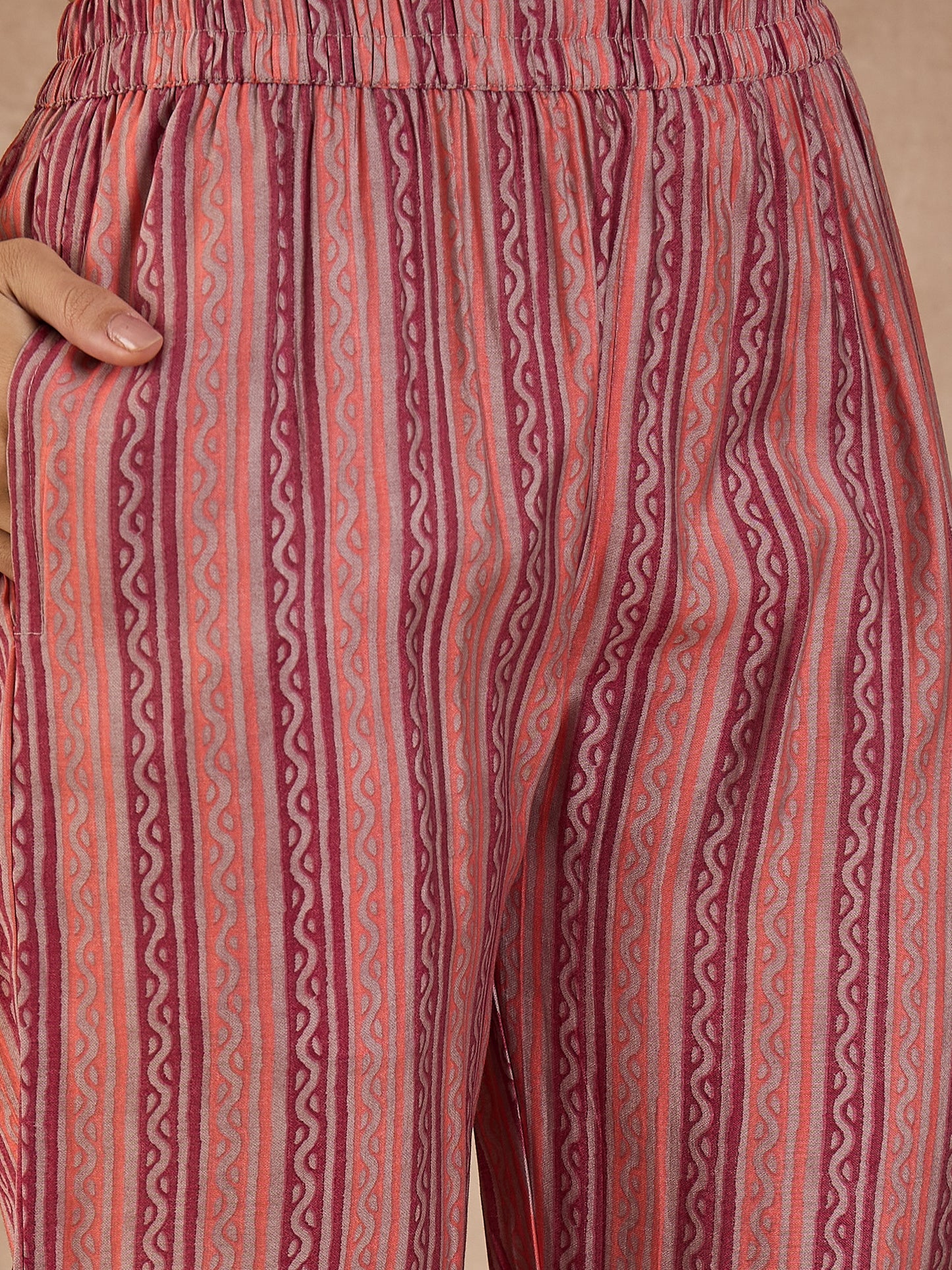 Floral Printed High Slit Thread Work Raw Silk Kurta With Trousers & Dupatta