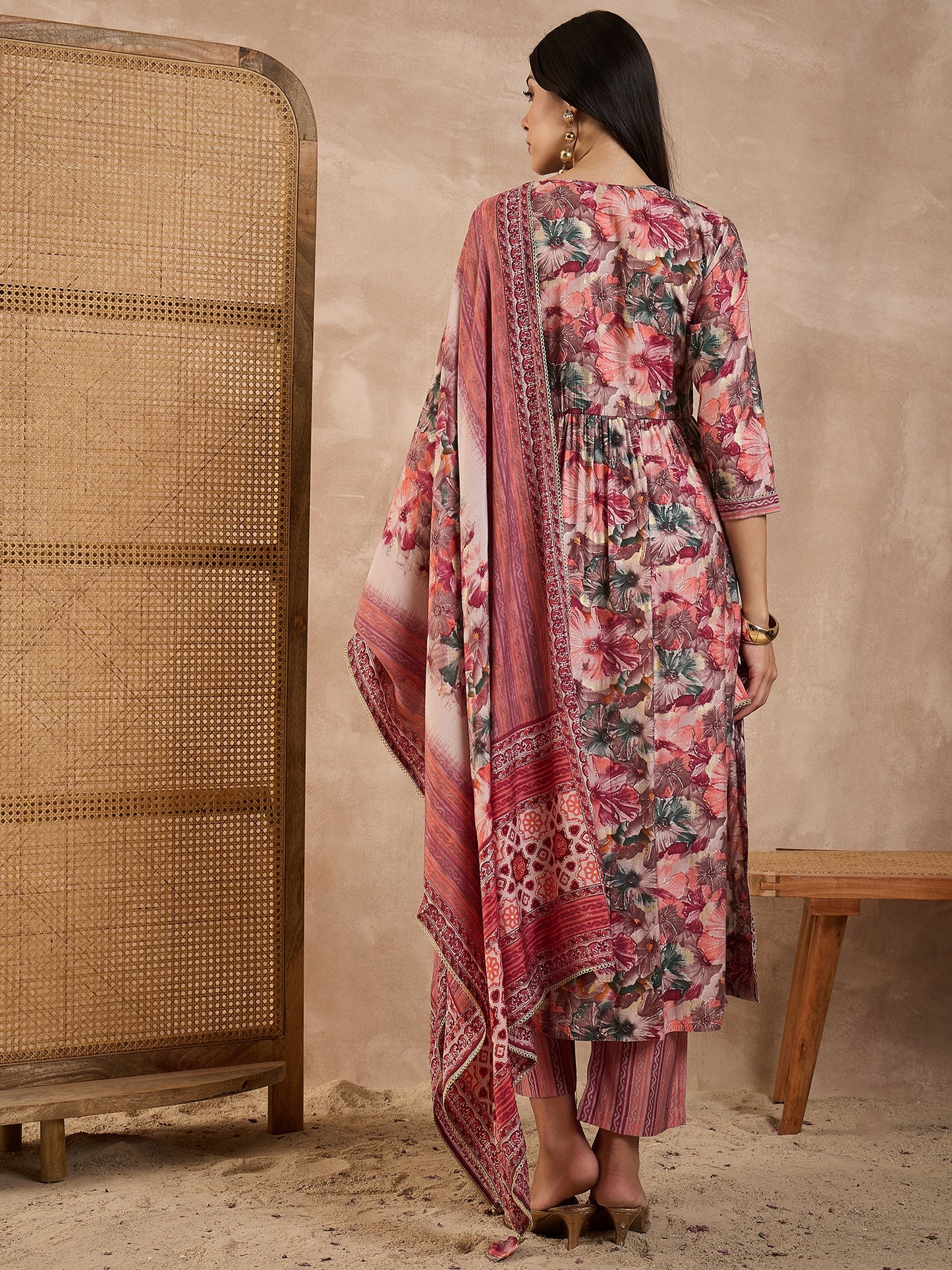 Floral Printed High Slit Thread Work Raw Silk Kurta With Trousers & Dupatta