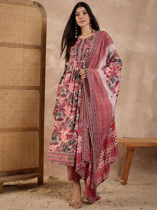 Floral Printed High Slit Thread Work Raw Silk Kurta With Trousers & Dupatta