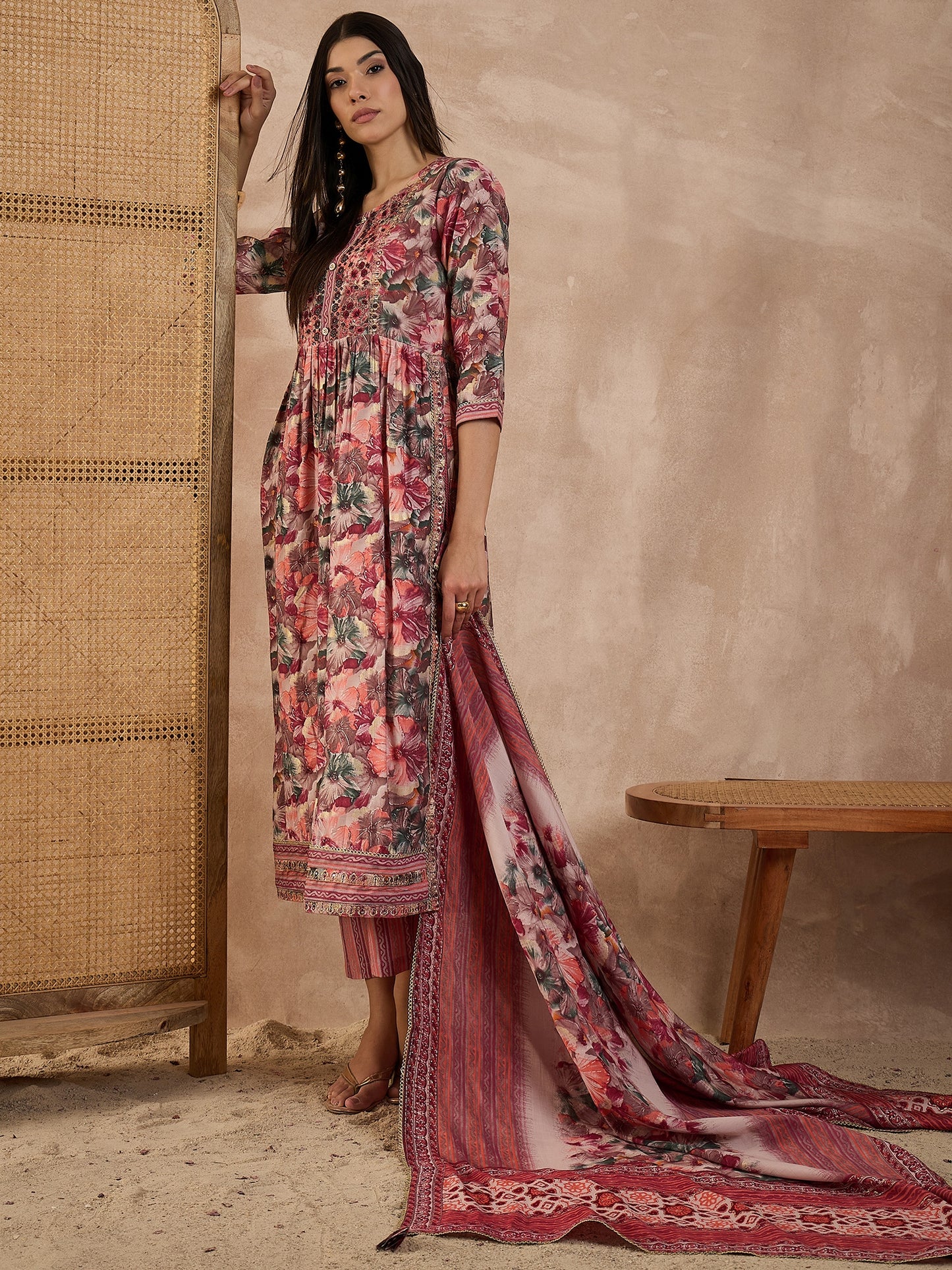 Floral Printed High Slit Thread Work Raw Silk Kurta With Trousers & Dupatta