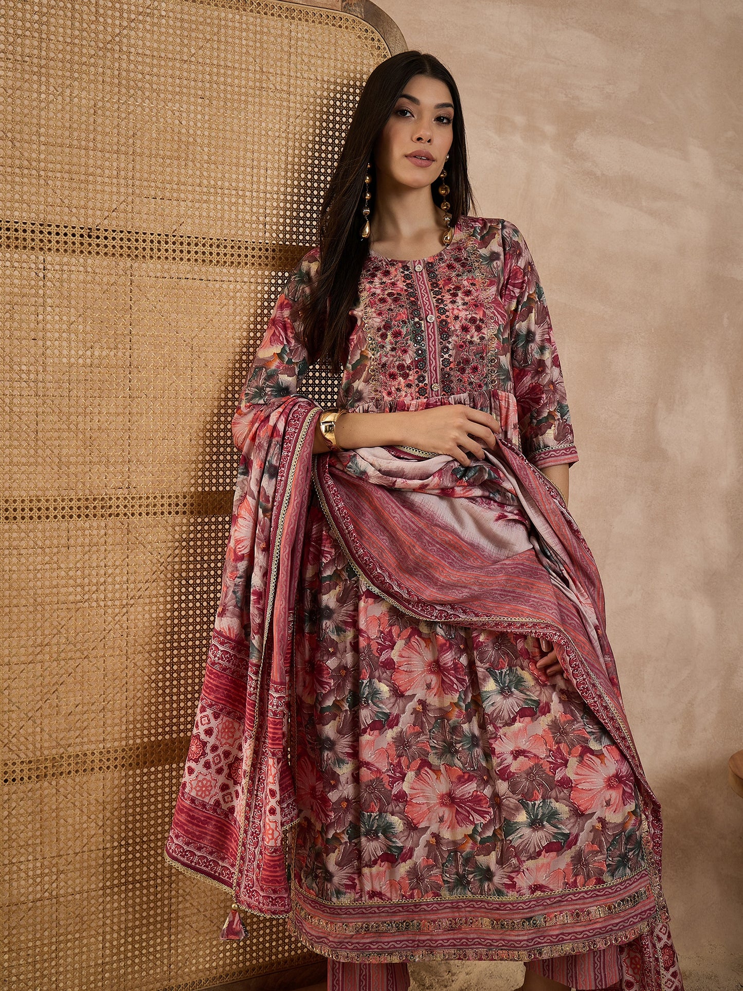 Floral Printed High Slit Thread Work Raw Silk Kurta With Trousers & Dupatta