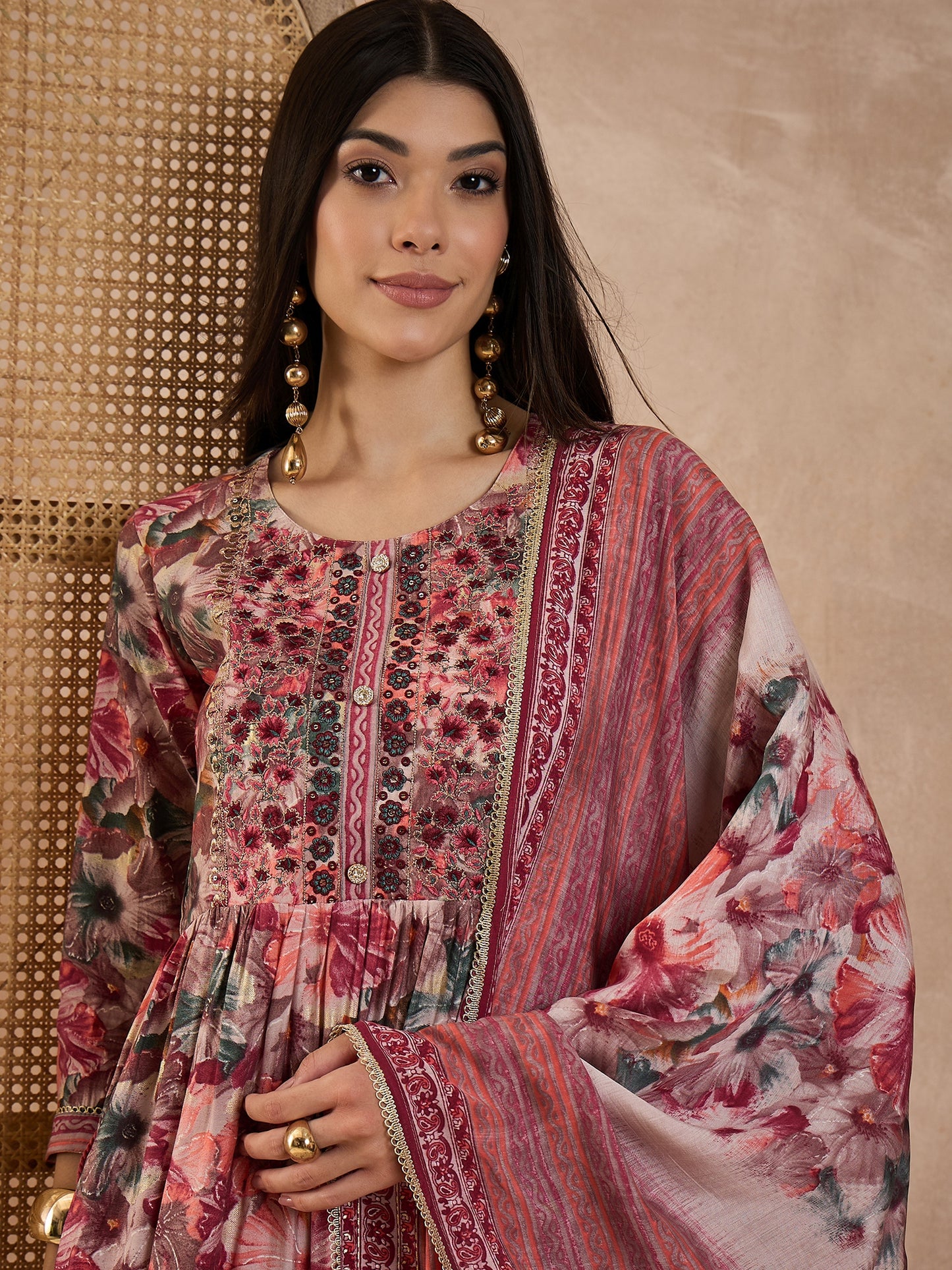 Floral Printed High Slit Thread Work Raw Silk Kurta With Trousers & Dupatta