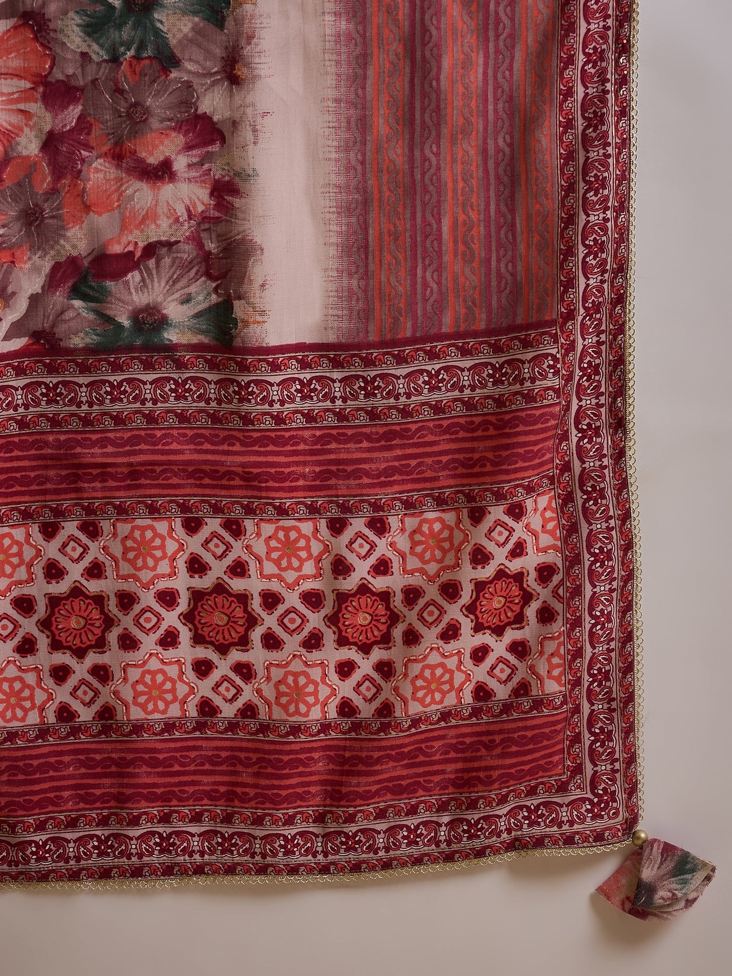 Floral Printed High Slit Thread Work Raw Silk Kurta With Trousers & Dupatta