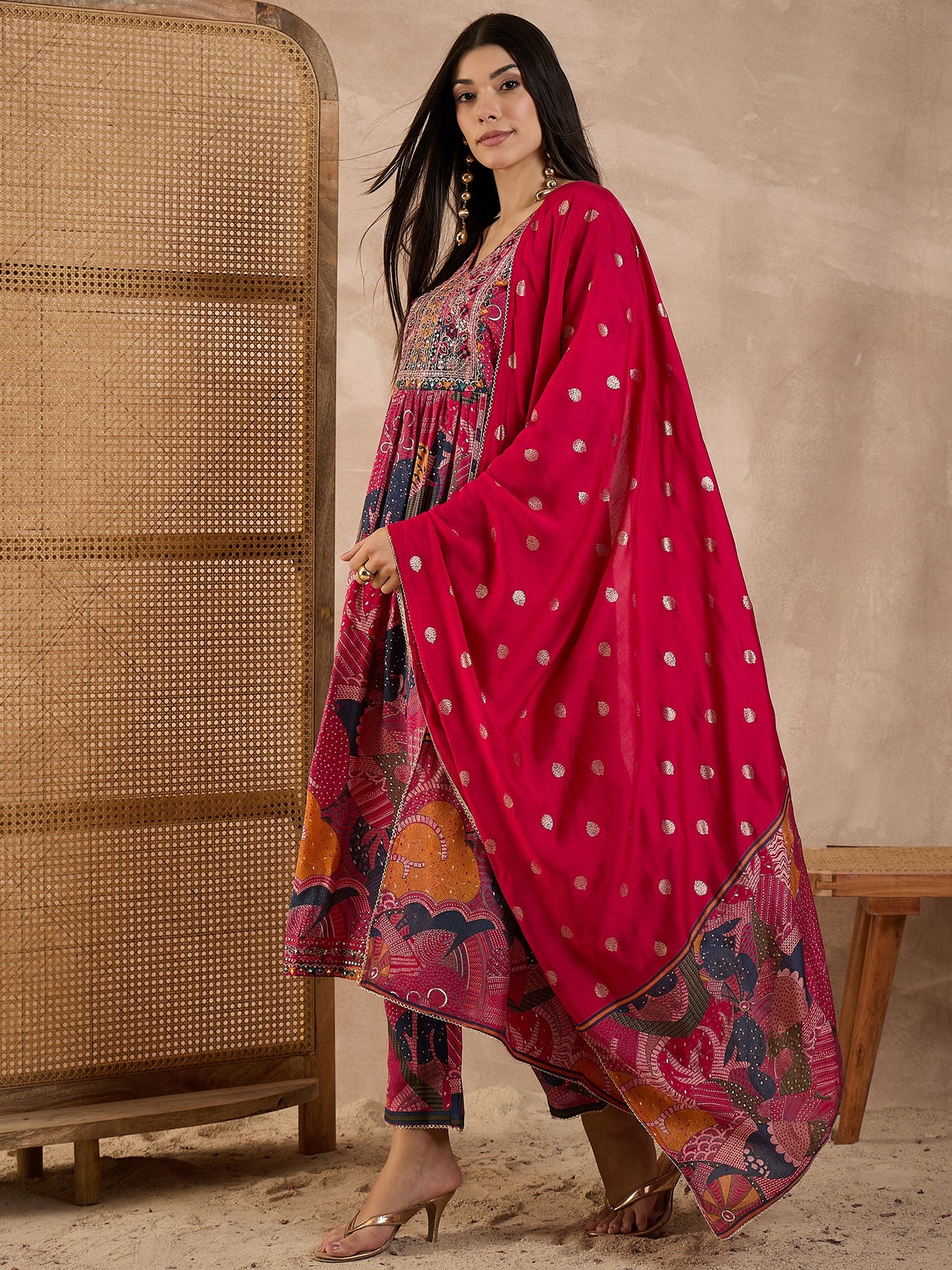 Floral Printed V-Neck Thread Work Raw Silk Kurta With Trousers & Dupatta