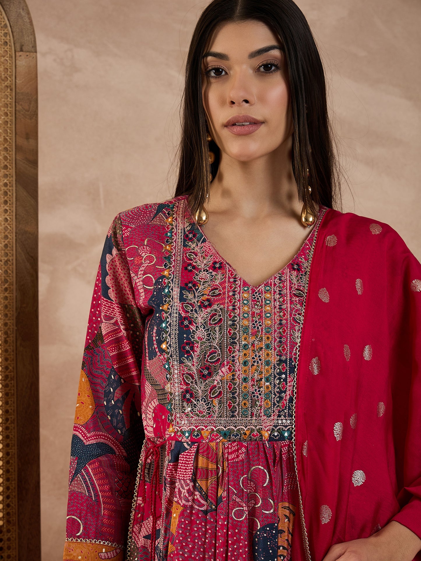Floral Printed V-Neck Thread Work Raw Silk Kurta With Trousers & Dupatta