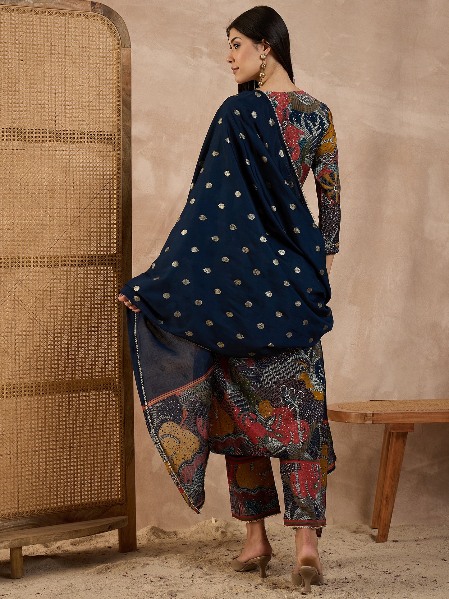 Floral Printed V-Neck Thread Work Raw Silk Kurta With Trousers & Dupatta
