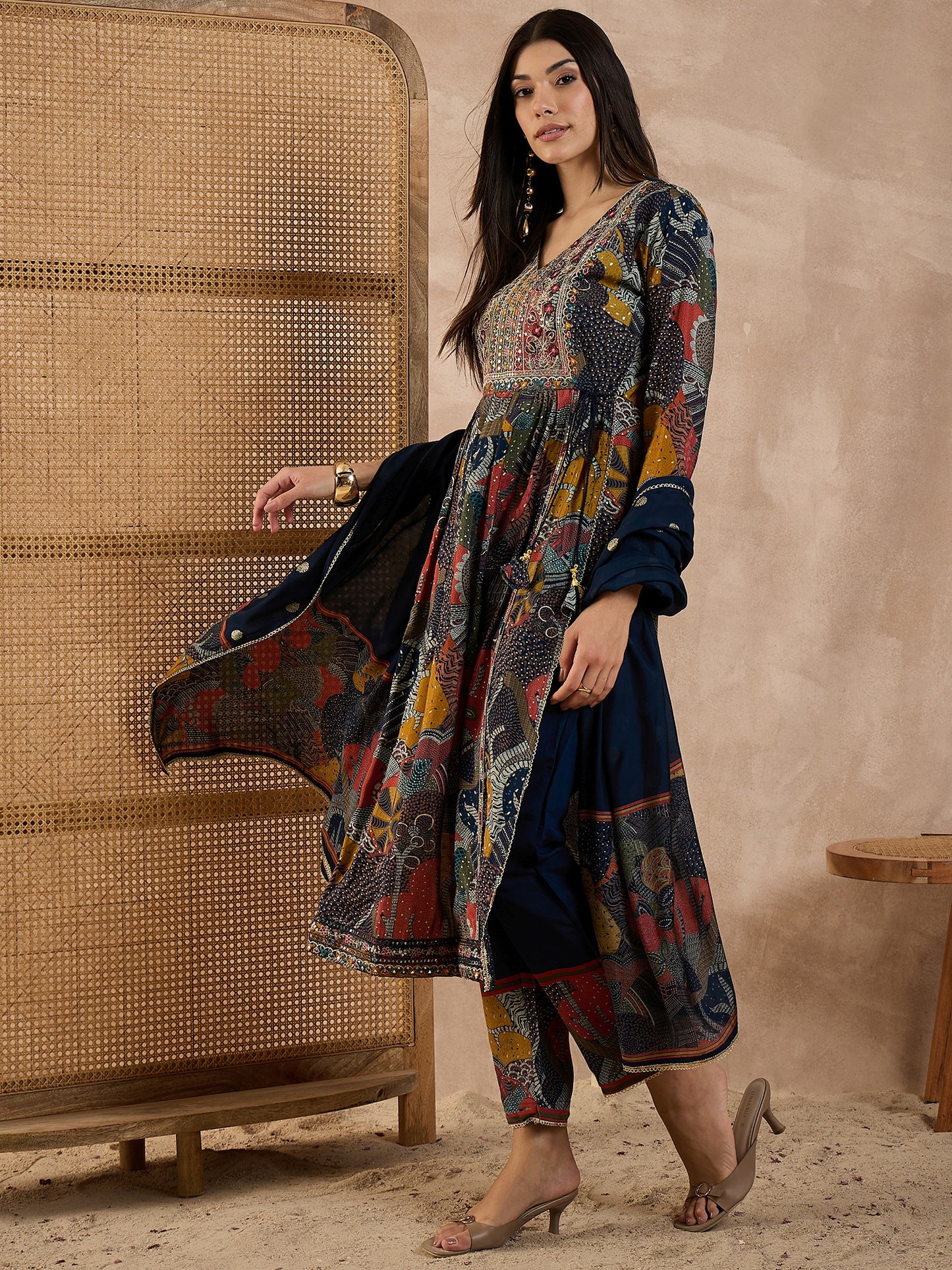 Floral Printed V-Neck Thread Work Raw Silk Kurta With Trousers & Dupatta