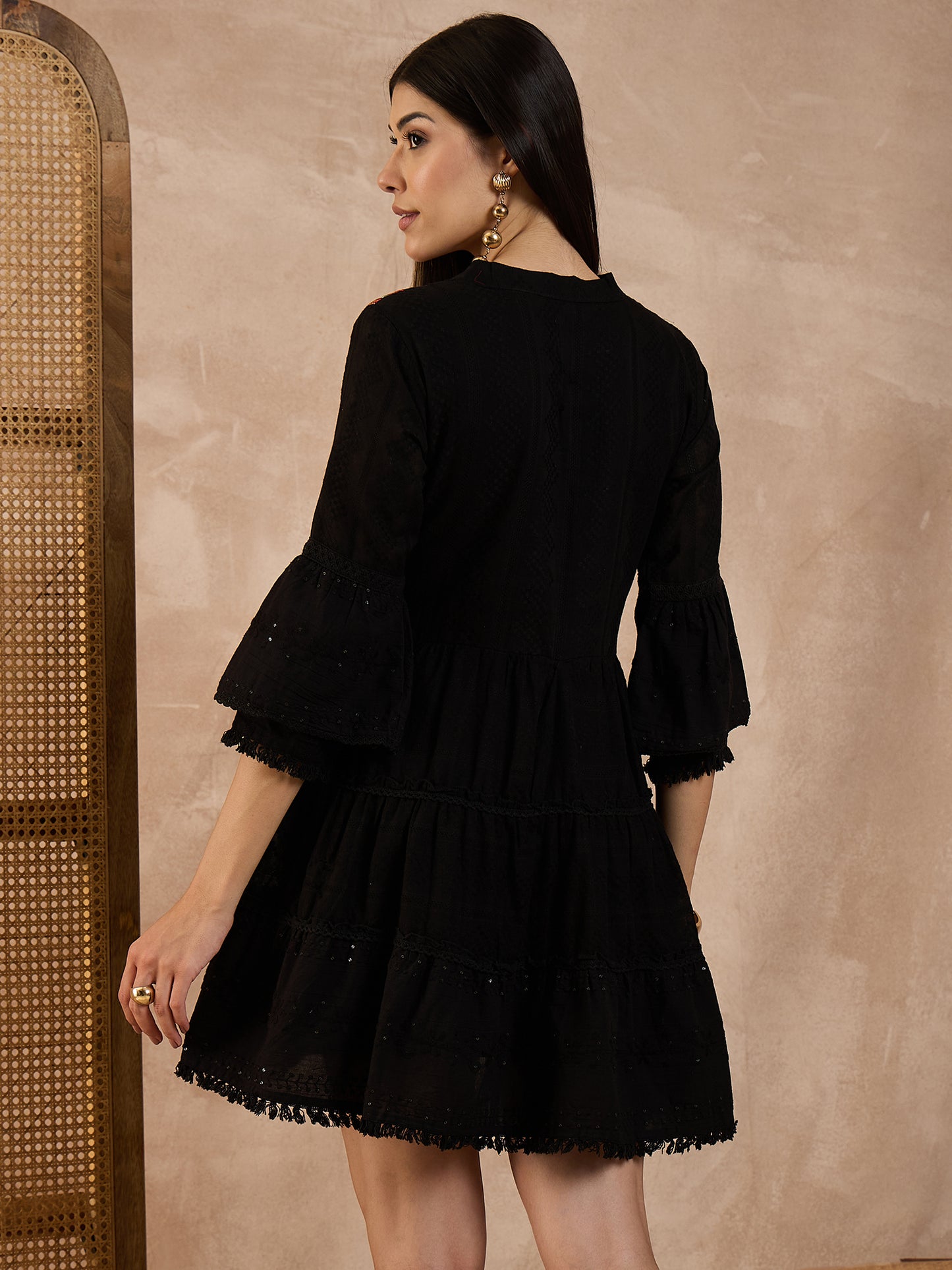 Women Floral Embroidered Mandarin Collar Organic Cotton Fit & Flare Mini Dobby Dress