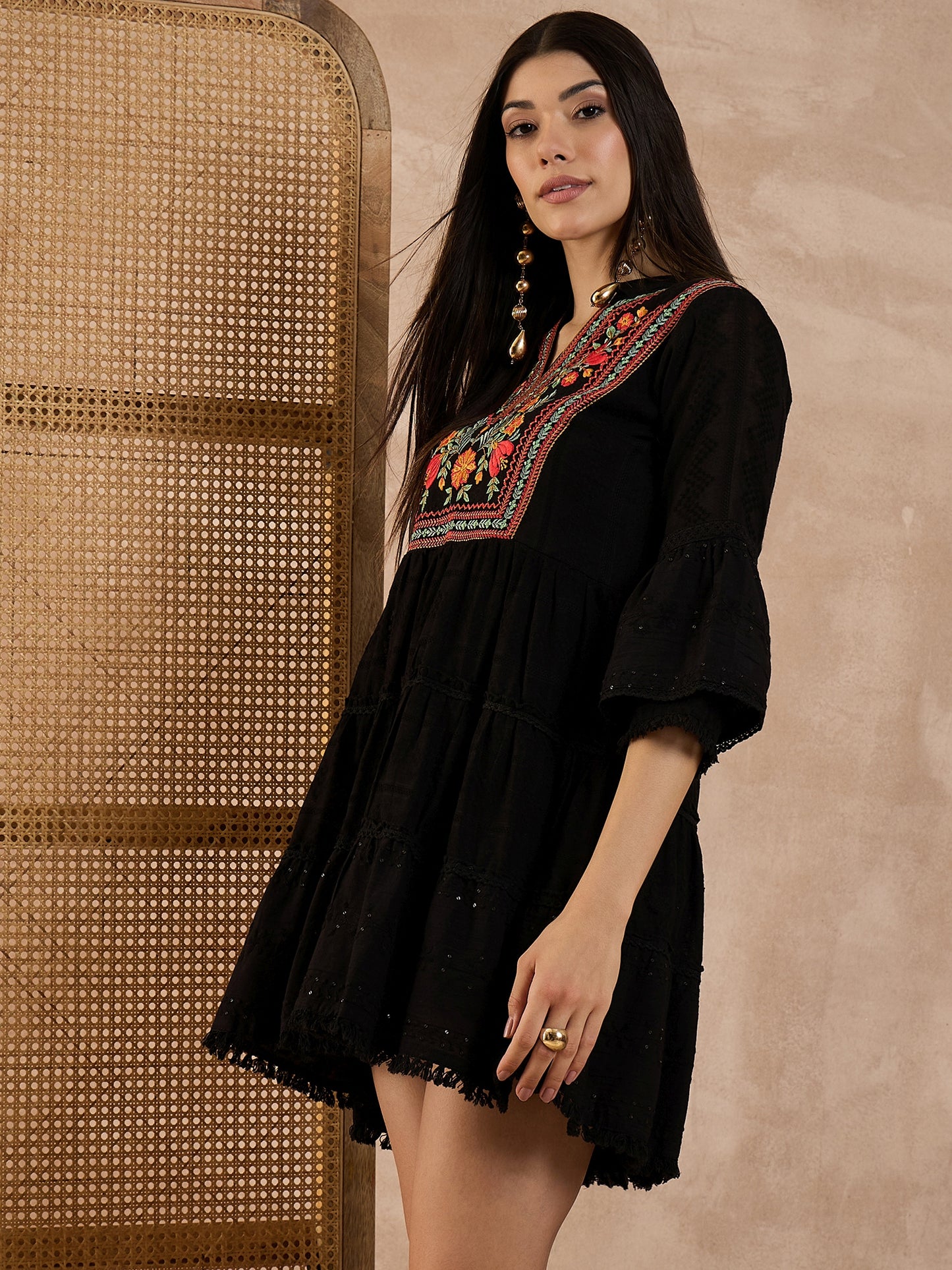 Women Floral Embroidered Mandarin Collar Organic Cotton Fit & Flare Mini Dobby Dress