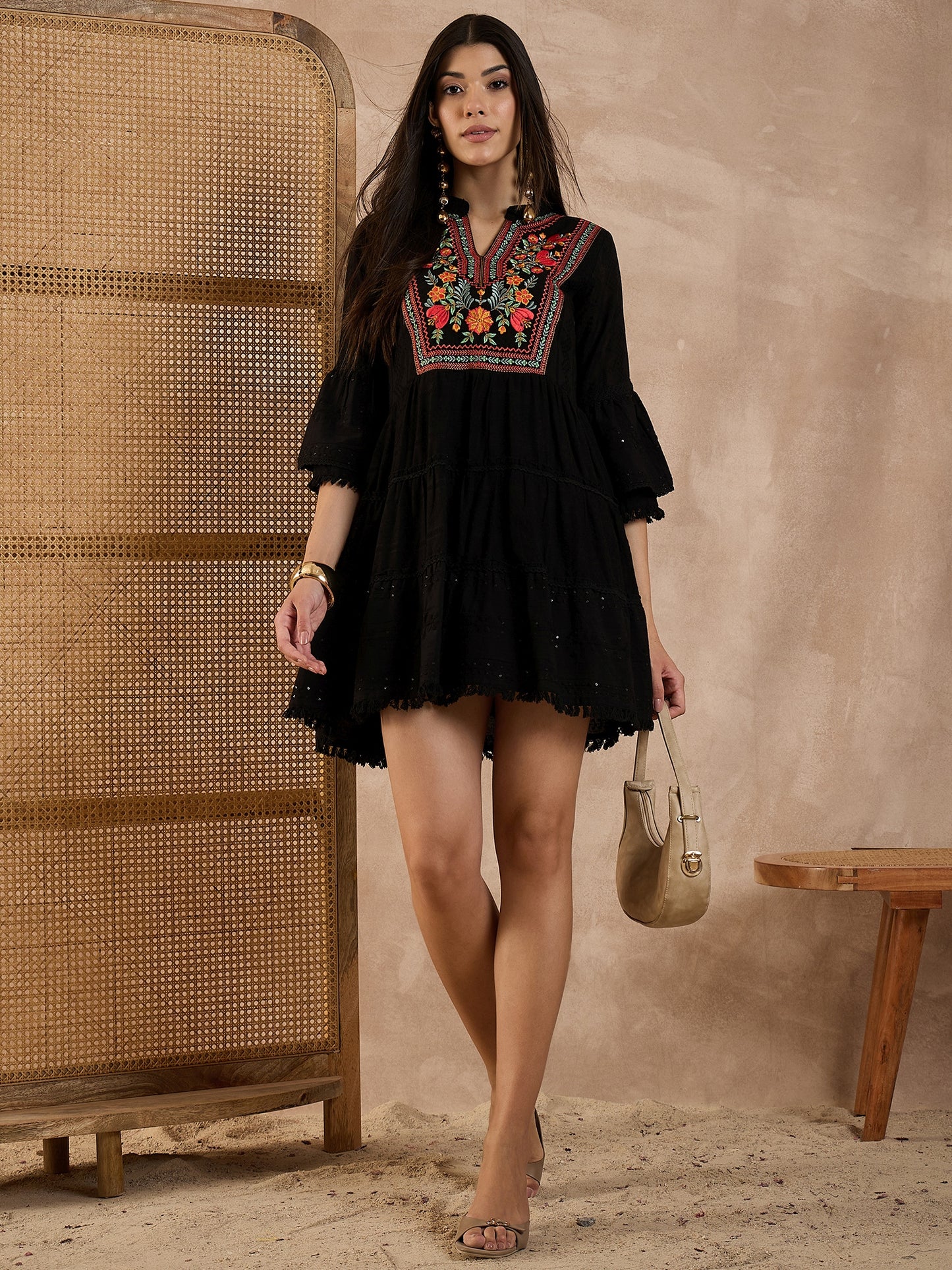 Women Floral Embroidered Mandarin Collar Organic Cotton Fit & Flare Mini Dobby Dress
