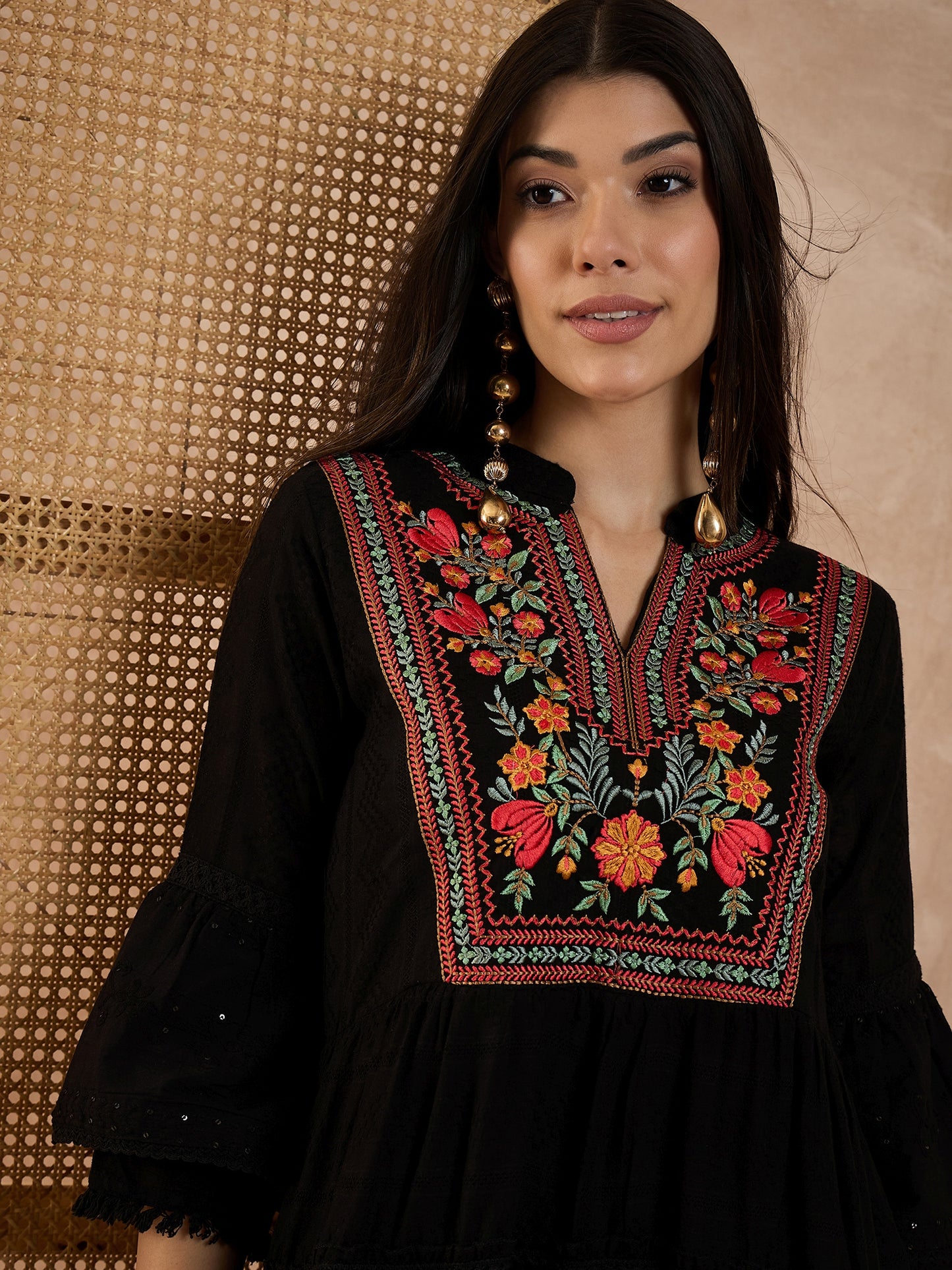 Women Floral Embroidered Mandarin Collar Organic Cotton Fit & Flare Mini Dobby Dress