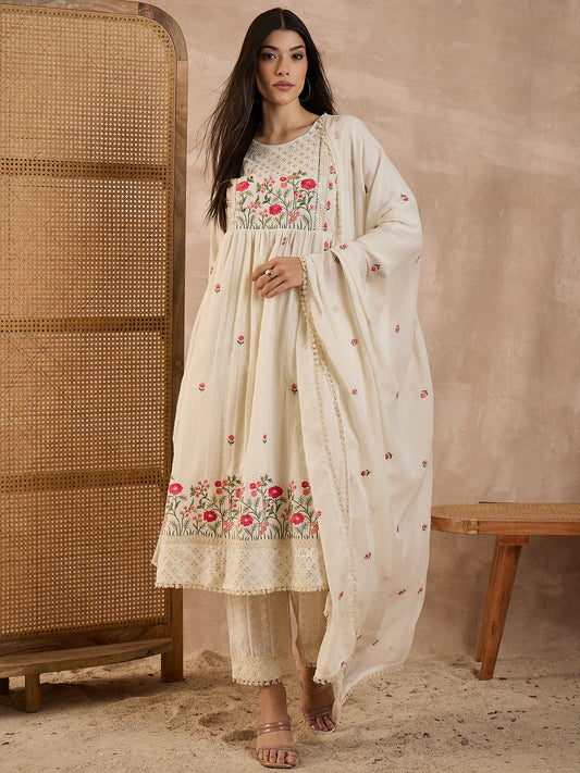 Women Floral Embroidered Pure Cotton A-Line Kurta with Trousers & Dupatta