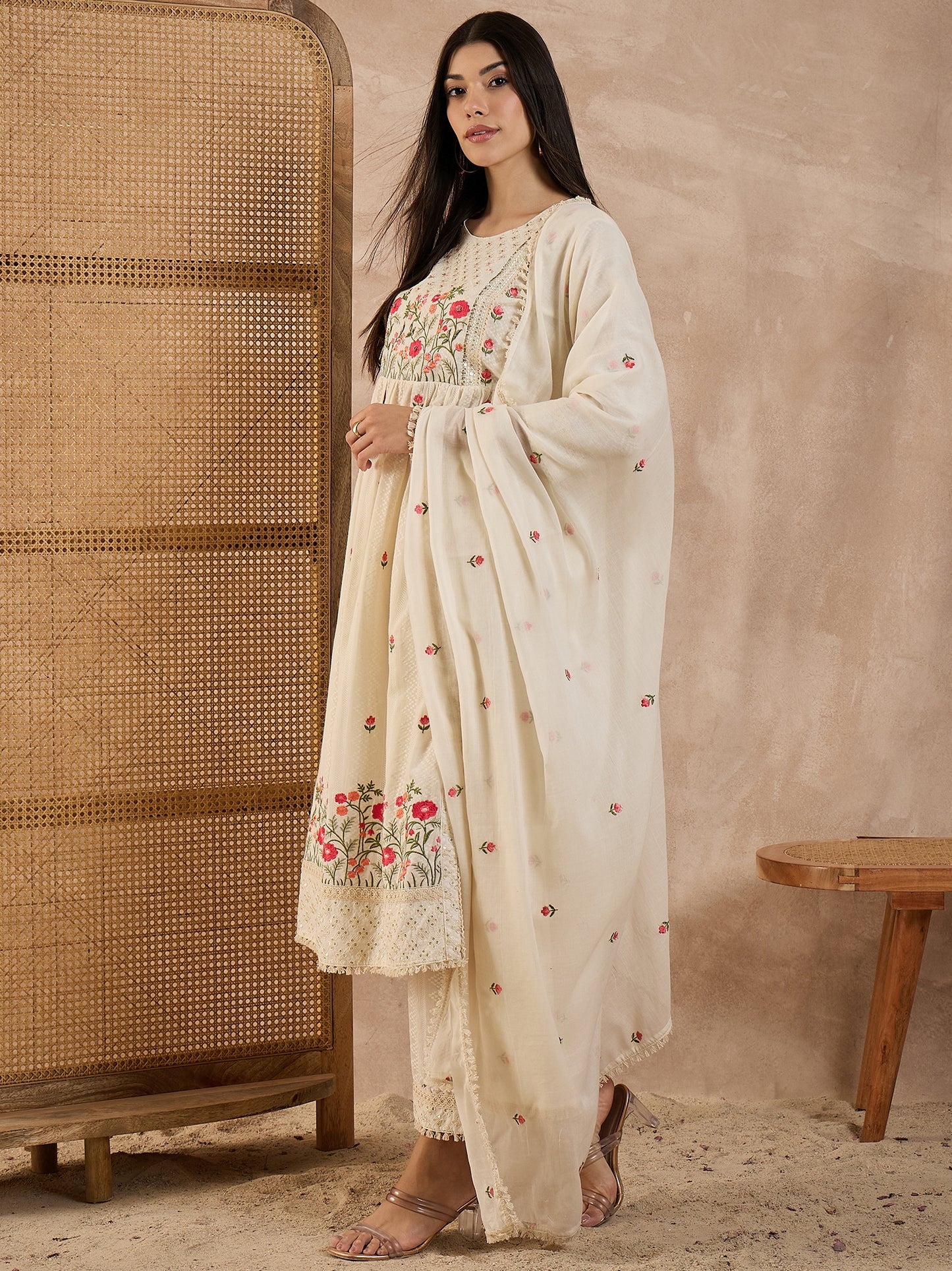 Women Floral Embroidered Pure Cotton A-Line Kurta with Trousers & Dupatta