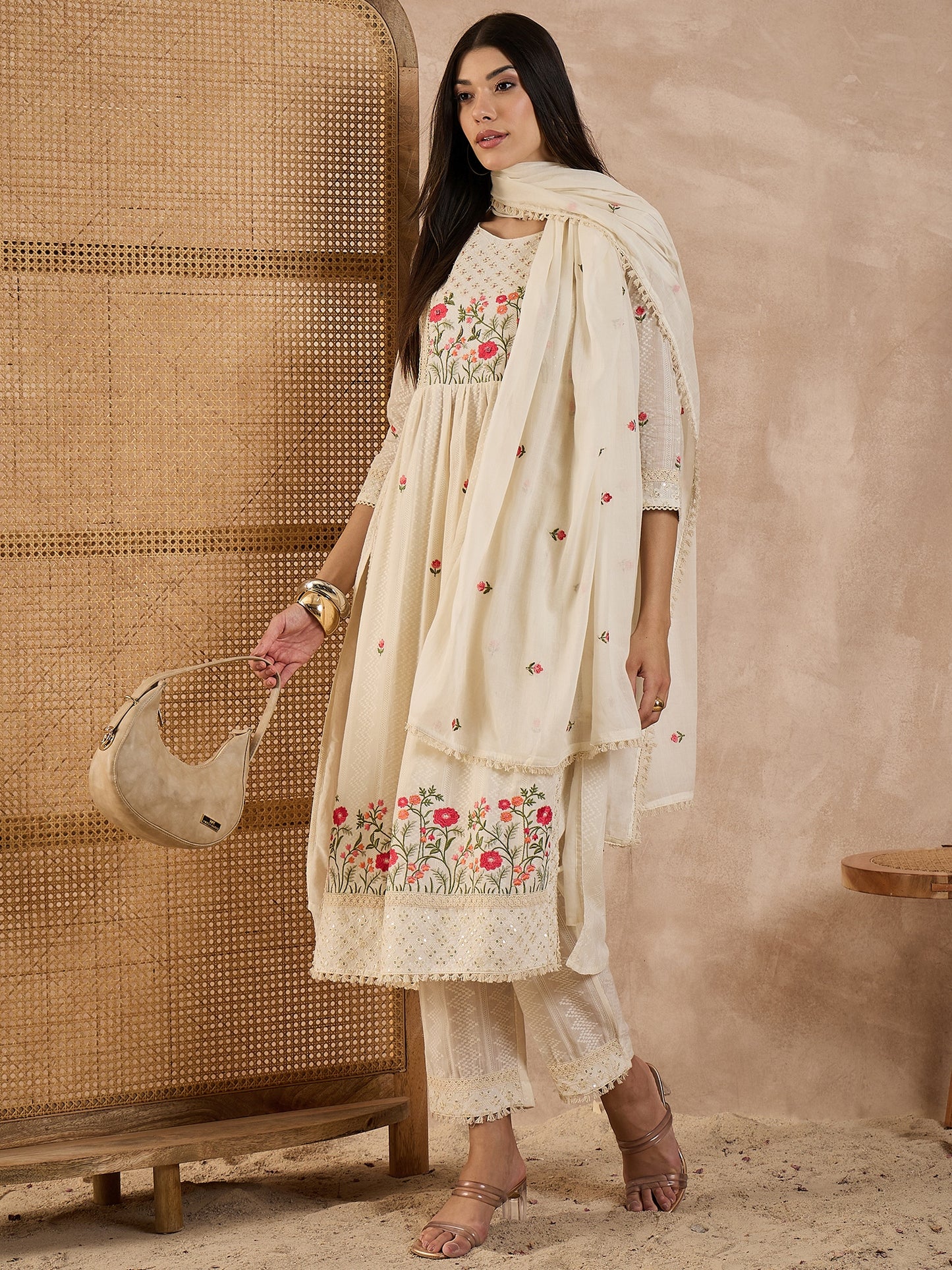 Women Floral Embroidered Pure Cotton A-Line Kurta with Trousers & Dupatta