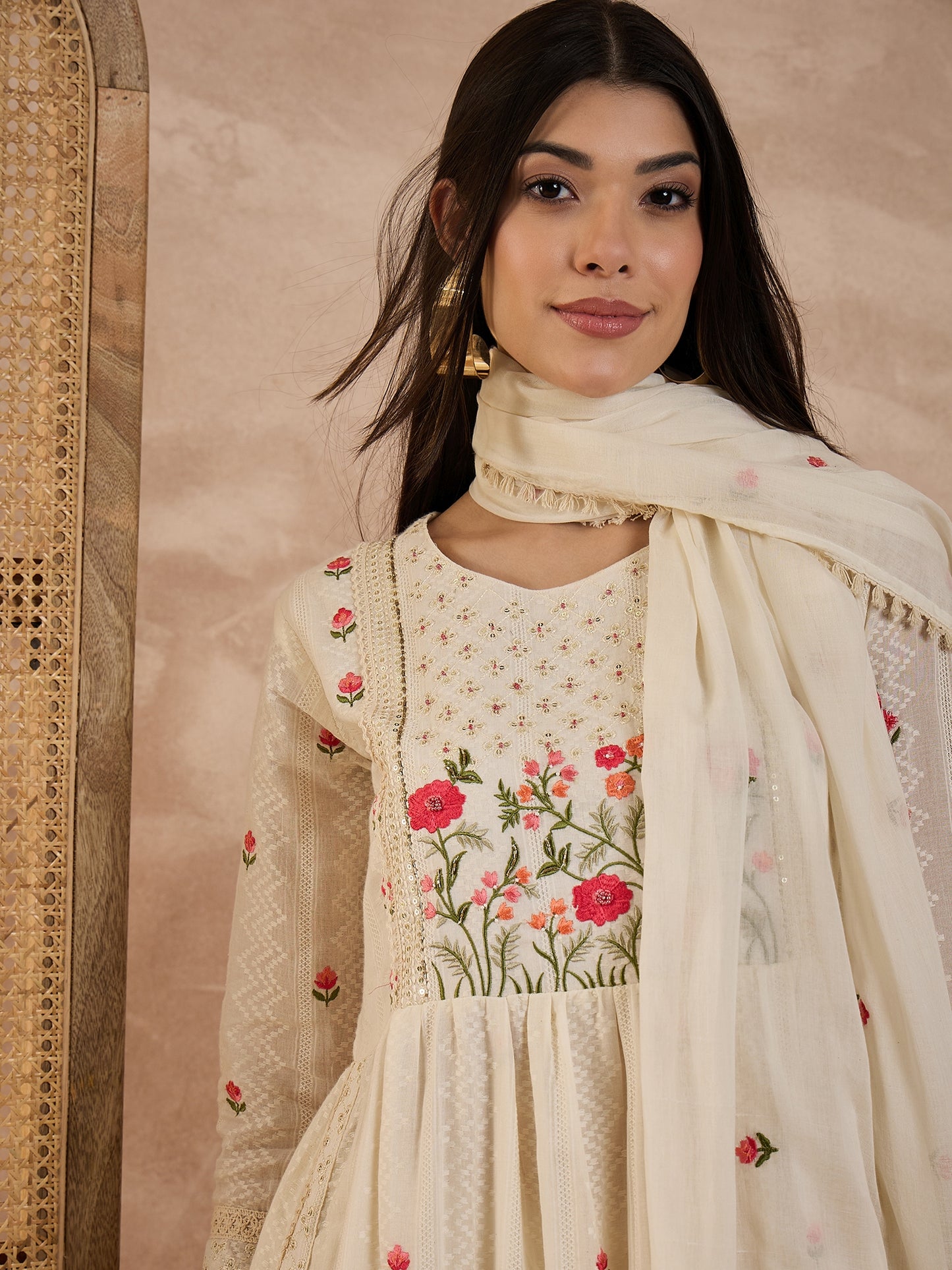 Women Floral Embroidered Pure Cotton A-Line Kurta with Trousers & Dupatta