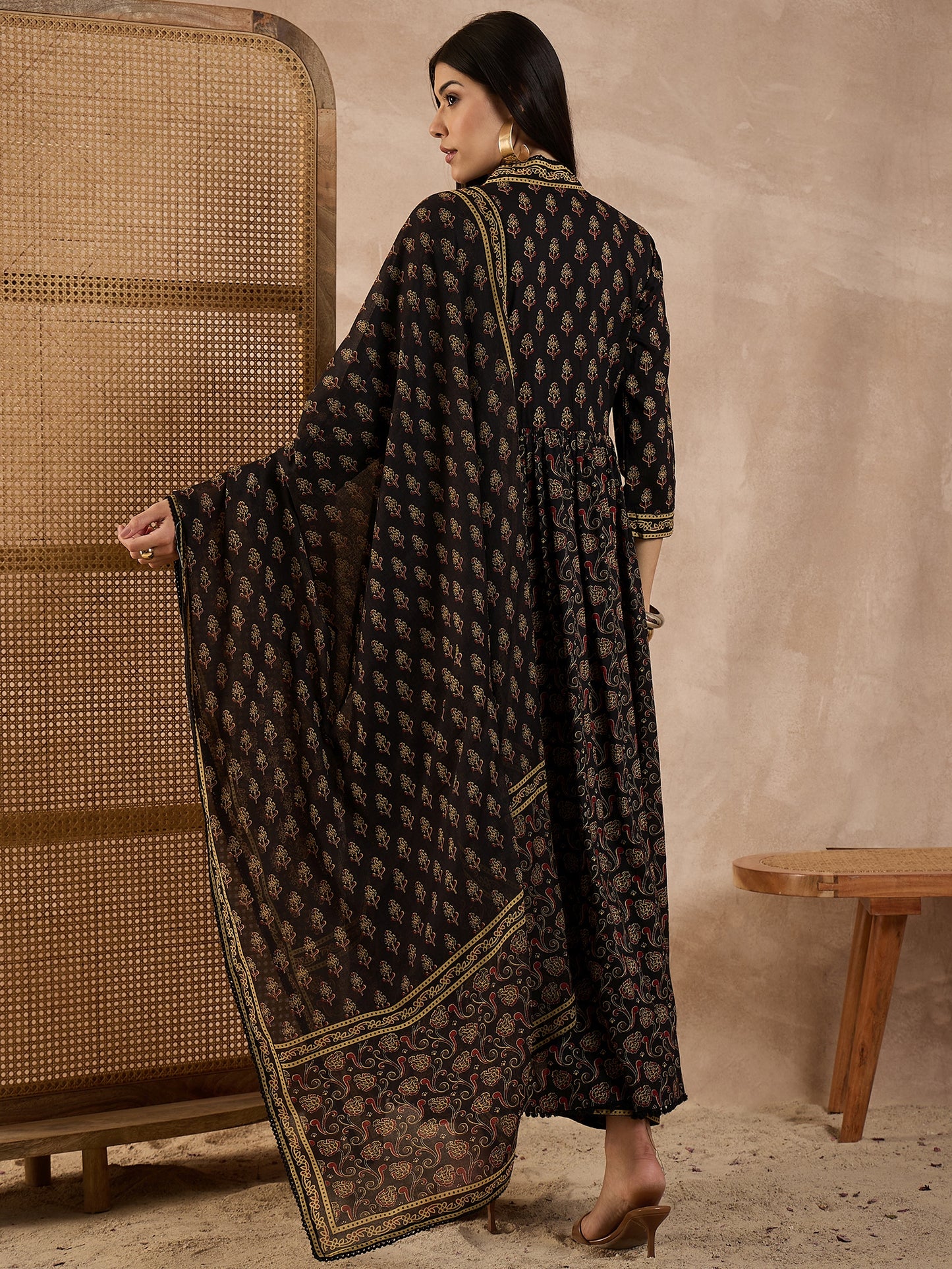 Floral Printed Pleated Sequinned Anarkali Pure Cotton Kurta With Trousers & Dupatta