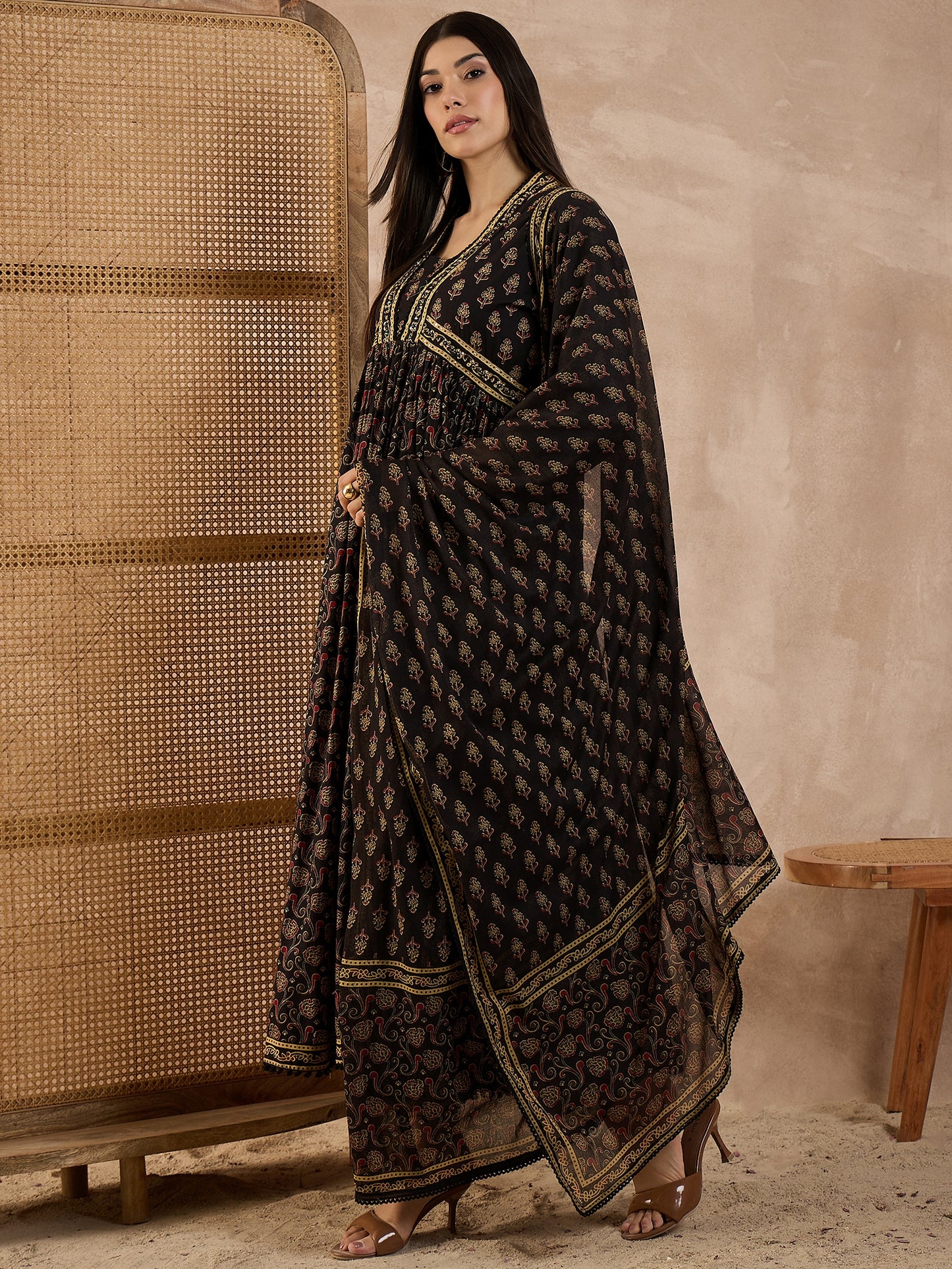 Floral Printed Pleated Sequinned Anarkali Pure Cotton Kurta With Trousers & Dupatta
