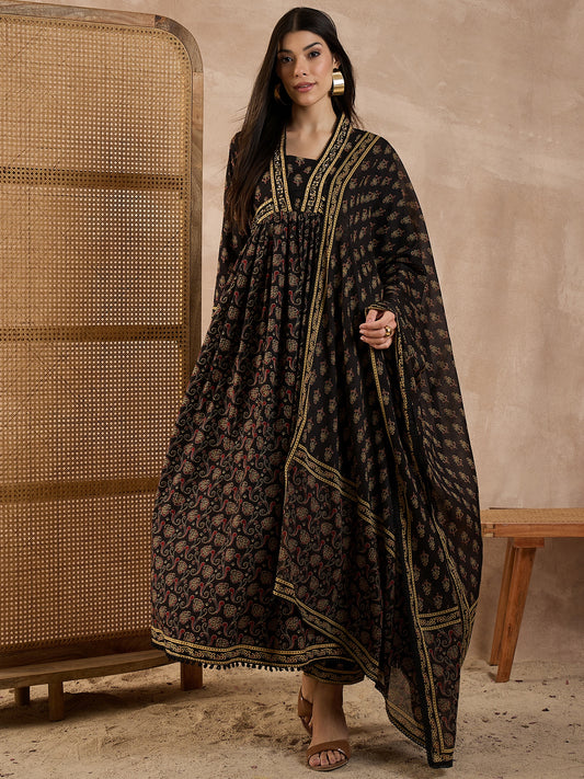 Floral Printed Pleated Sequinned Anarkali Pure Cotton Kurta With Trousers & Dupatta