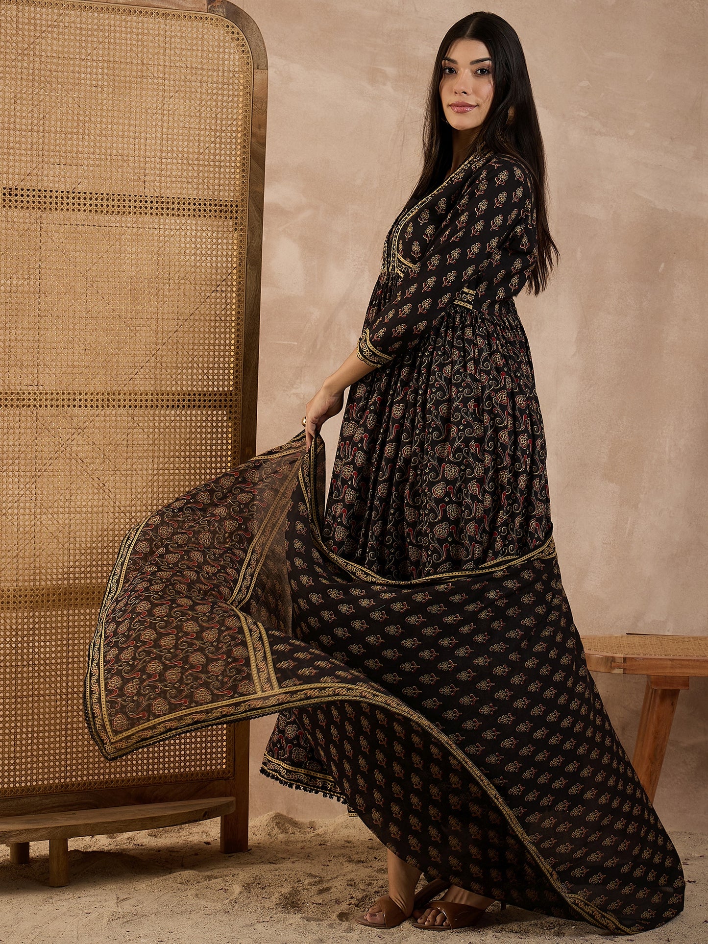 Floral Printed Pleated Sequinned Anarkali Pure Cotton Kurta With Trousers & Dupatta