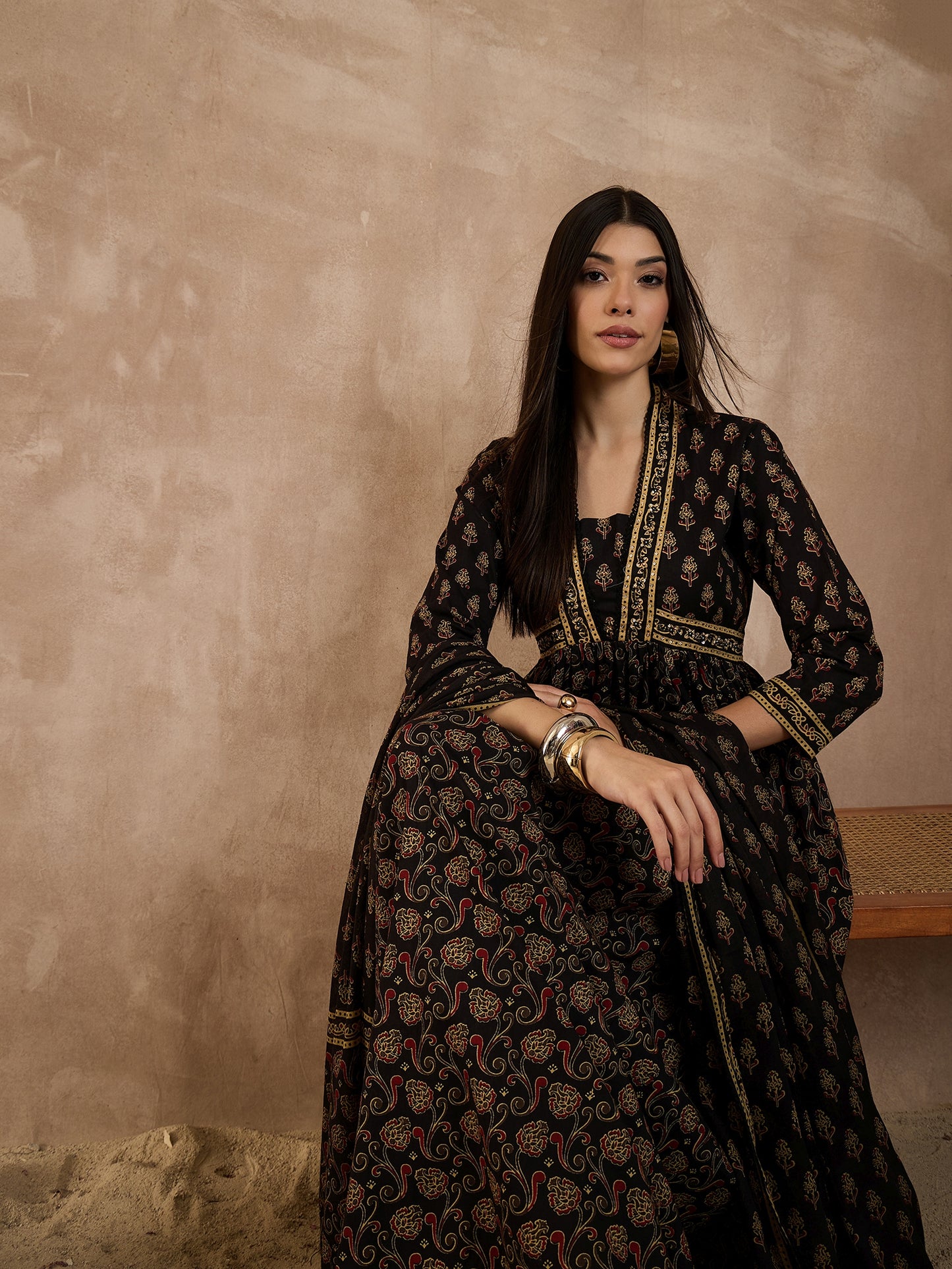 Floral Printed Pleated Sequinned Anarkali Pure Cotton Kurta With Trousers & Dupatta