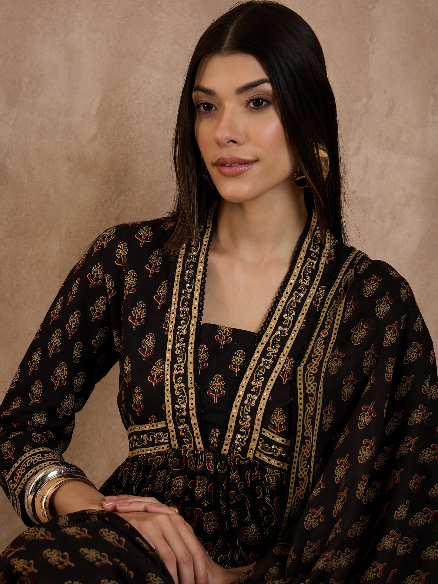 Floral Printed Pleated Sequinned Anarkali Pure Cotton Kurta With Trousers & Dupatta