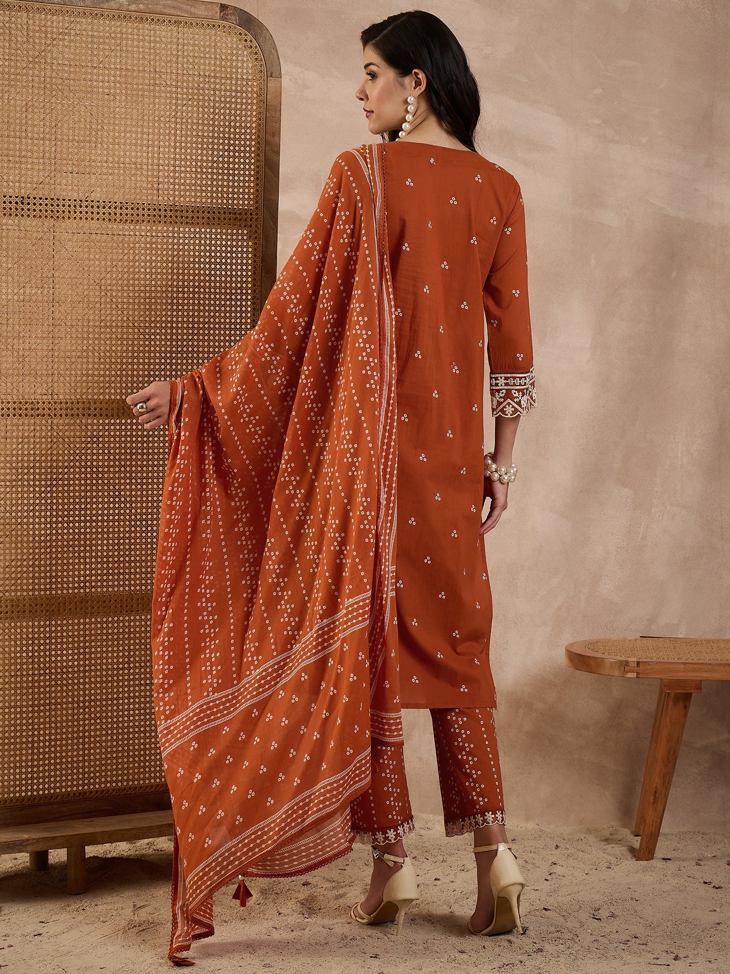 Women Bandhani Printed Cotton Kurta with Trousers & Dupatta