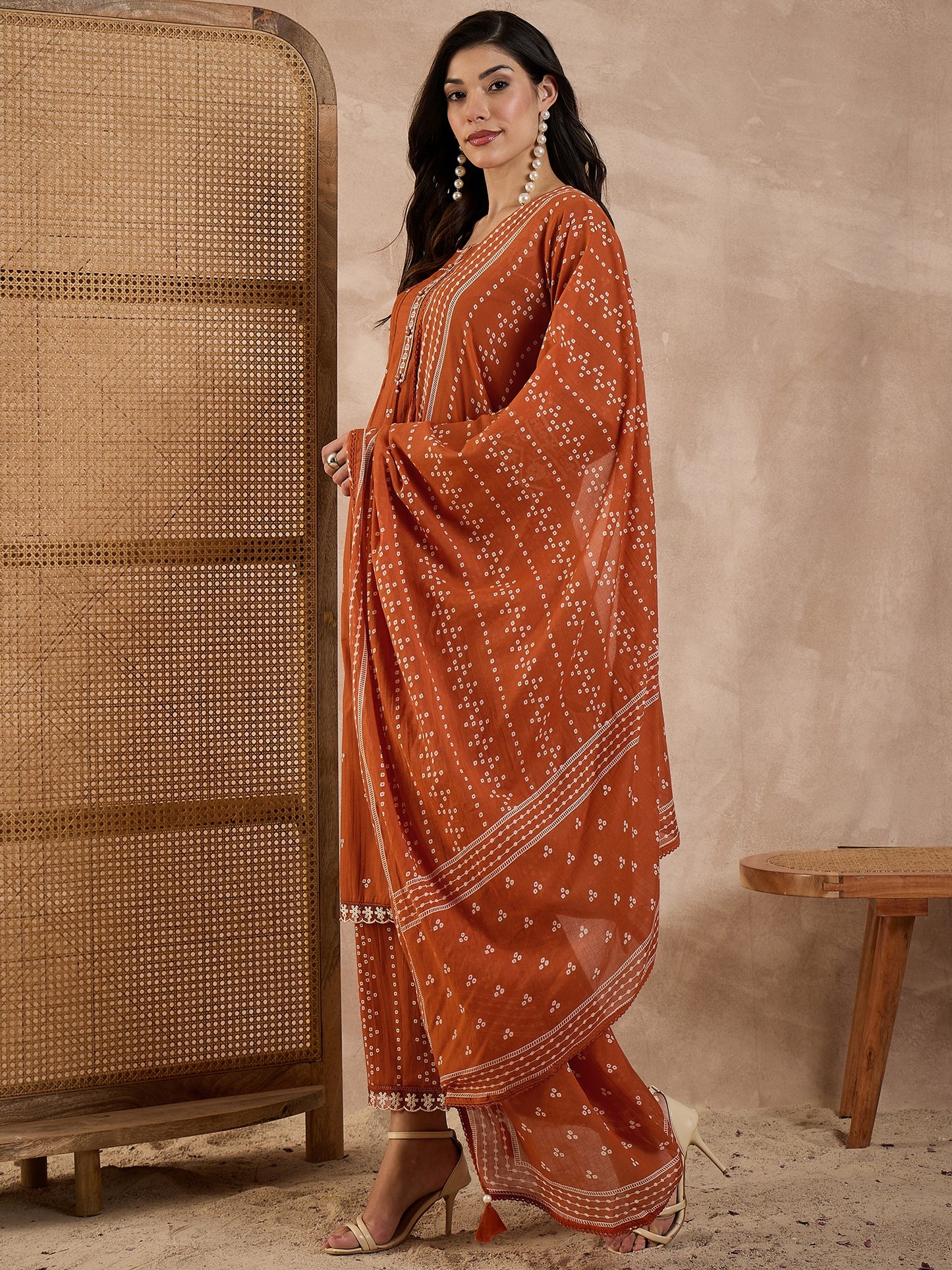 Women Bandhani Printed Cotton Kurta with Trousers & Dupatta