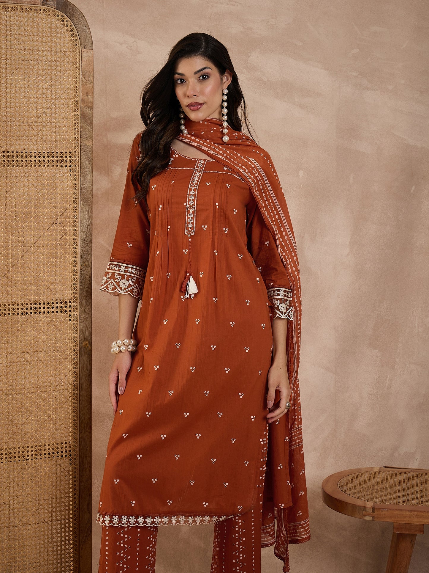 Women Bandhani Printed Cotton Kurta with Trousers & Dupatta