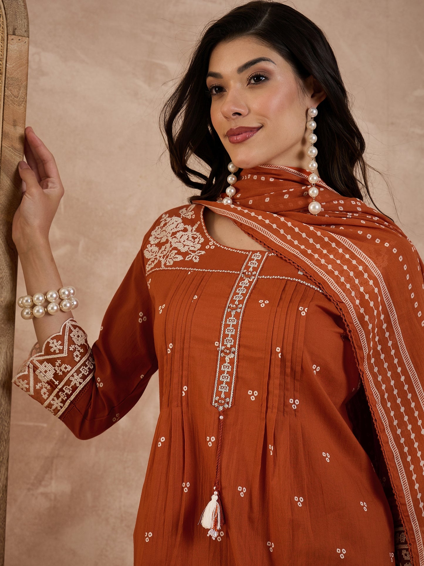 Women Bandhani Printed Cotton Kurta with Trousers & Dupatta
