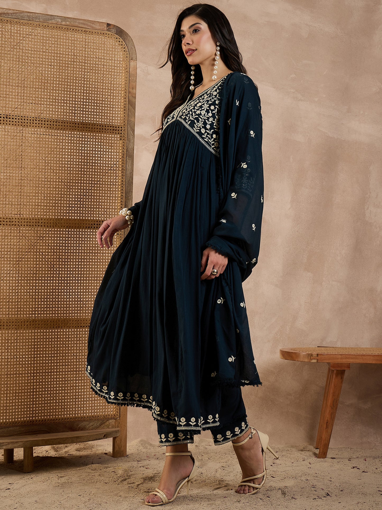 Women Ethnic Motifs Embroidered Anarkali Kurta with Trousers & Dupatta