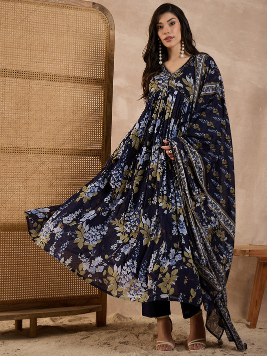 Women Floral Printed Pleated Beads and Stones Kurta with Trousers & Dupatta
