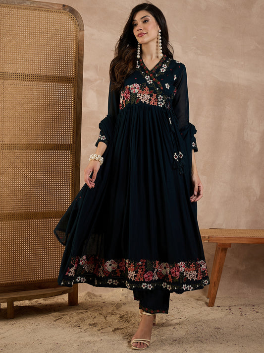 Floral Embroidered V-Neck Thread Work Anarkali Kurta With Trouser & Dupatta