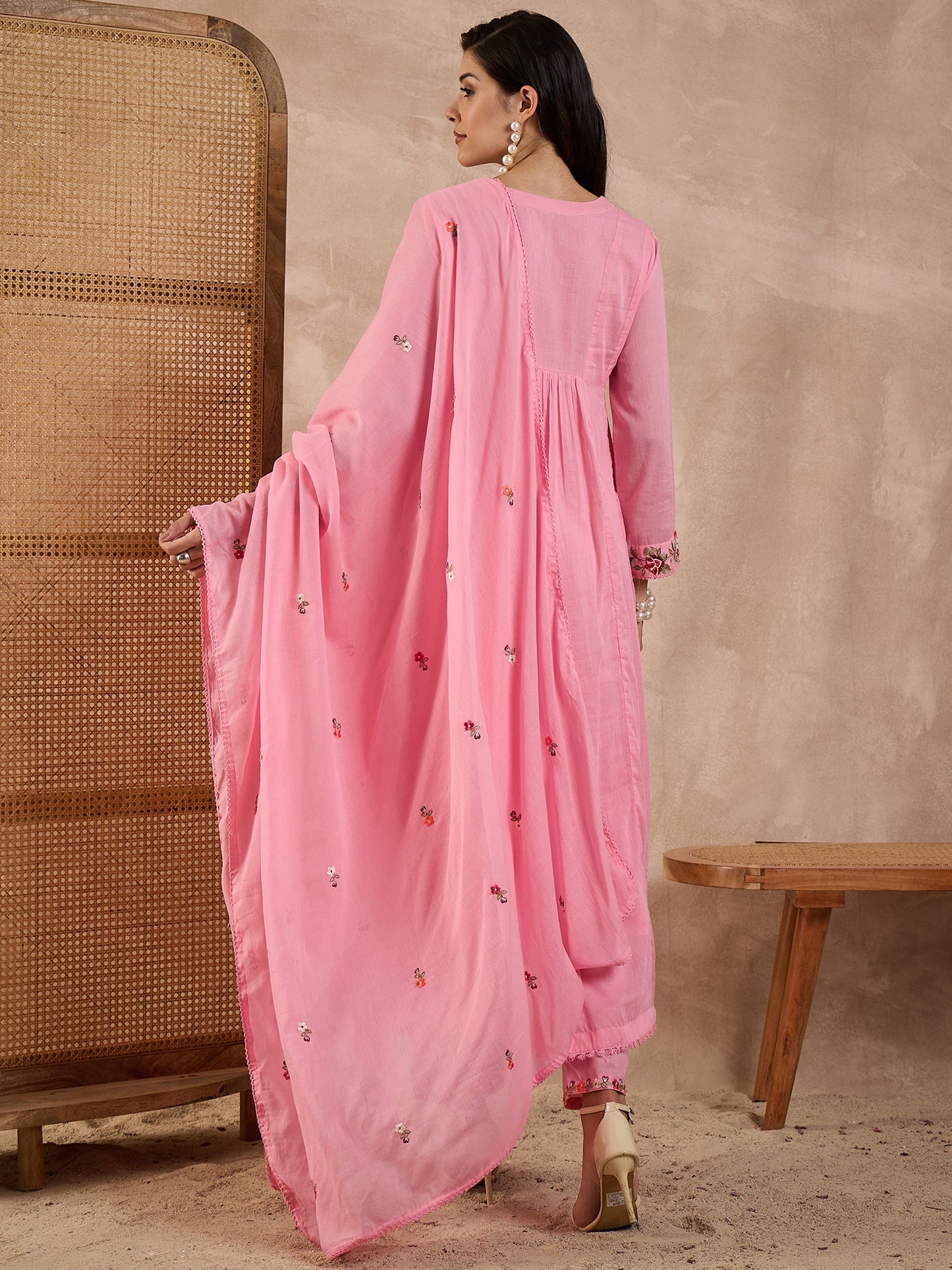 Floral Embroidered Pleated Thread Work A-Line Kurta With Trousers & Dupatta