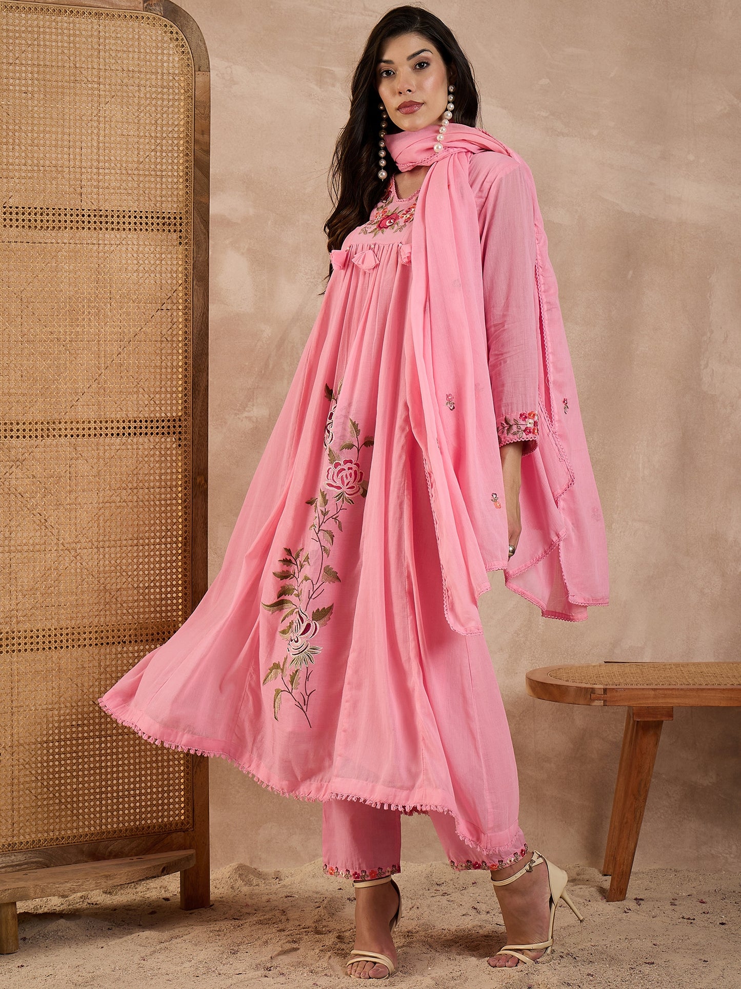 Floral Embroidered Pleated Thread Work A-Line Kurta With Trousers & Dupatta