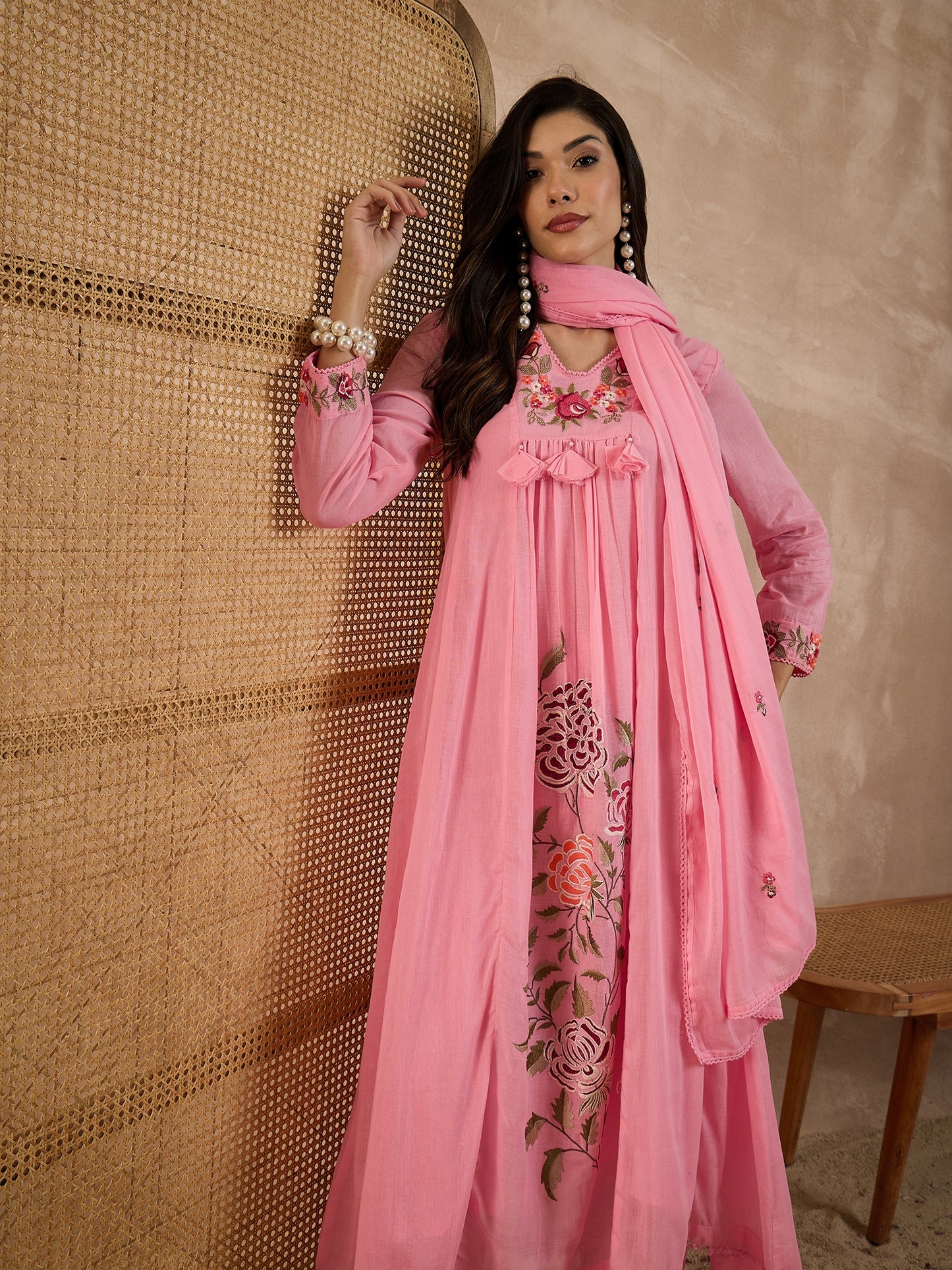 Floral Embroidered Pleated Thread Work A-Line Kurta With Trousers & Dupatta