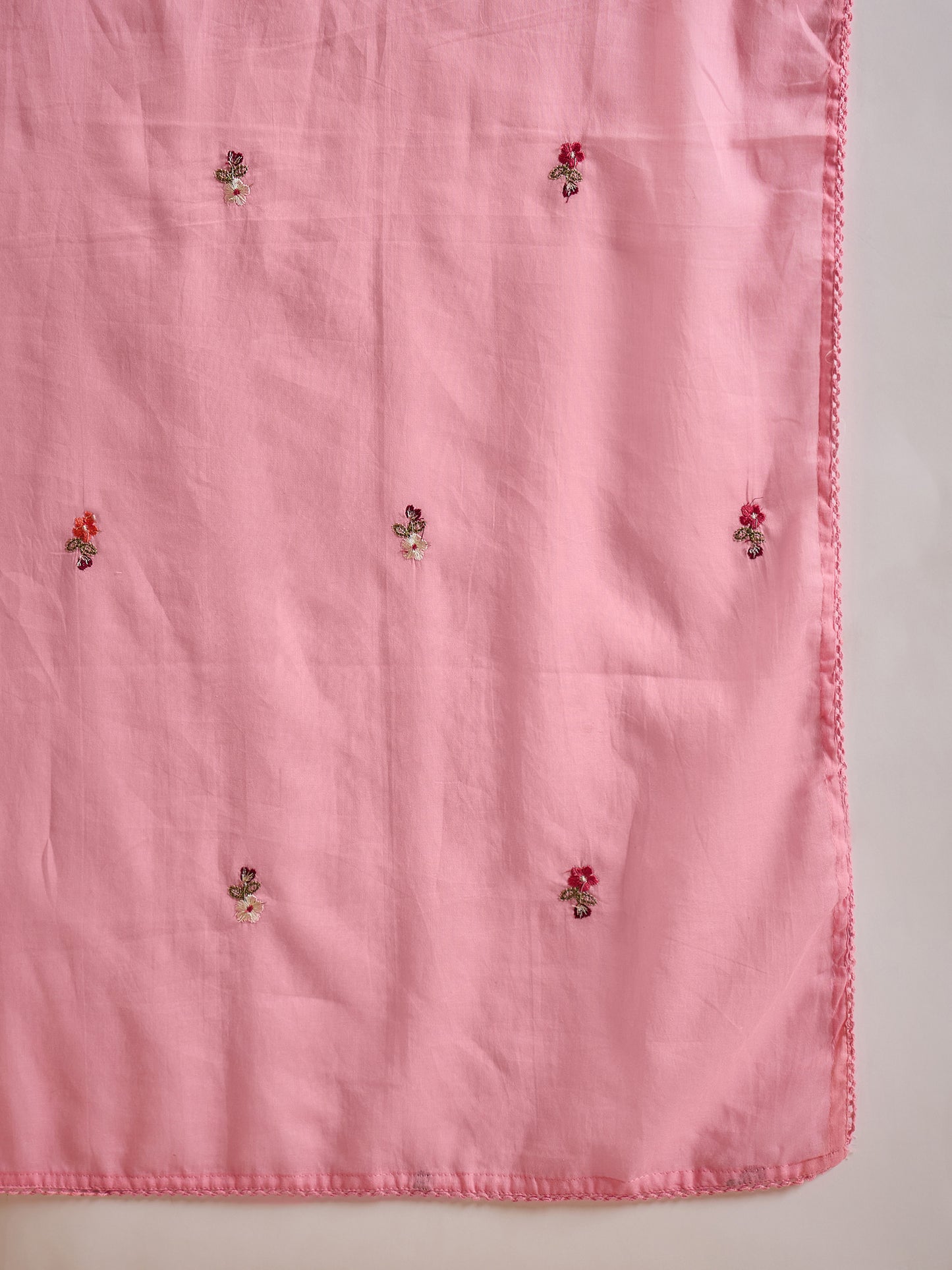 Floral Embroidered Pleated Thread Work A-Line Kurta With Trousers & Dupatta