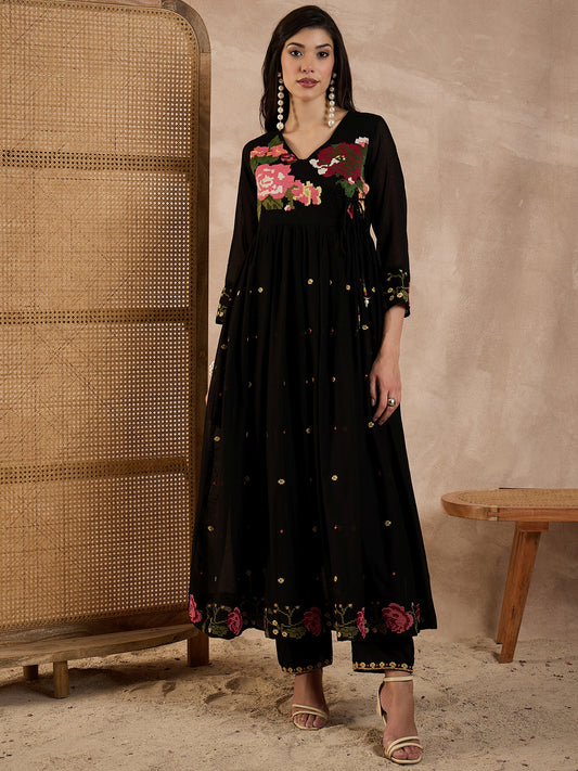 Women Floral Embroidered Pleated Voile Anarkali Kurta with Trouser & Dupatta