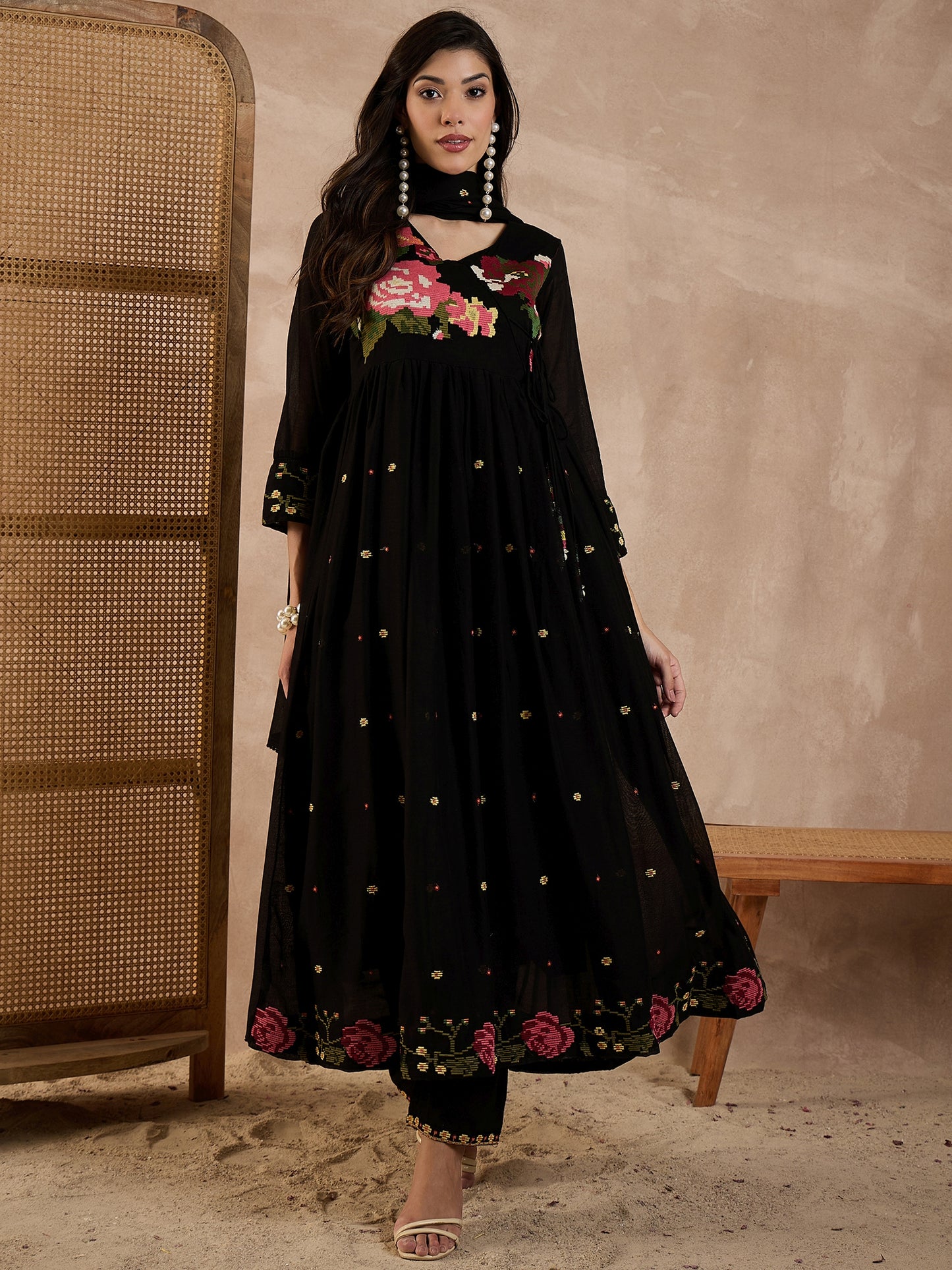 Women Floral Embroidered Pleated Voile Anarkali Kurta with Trouser & Dupatta