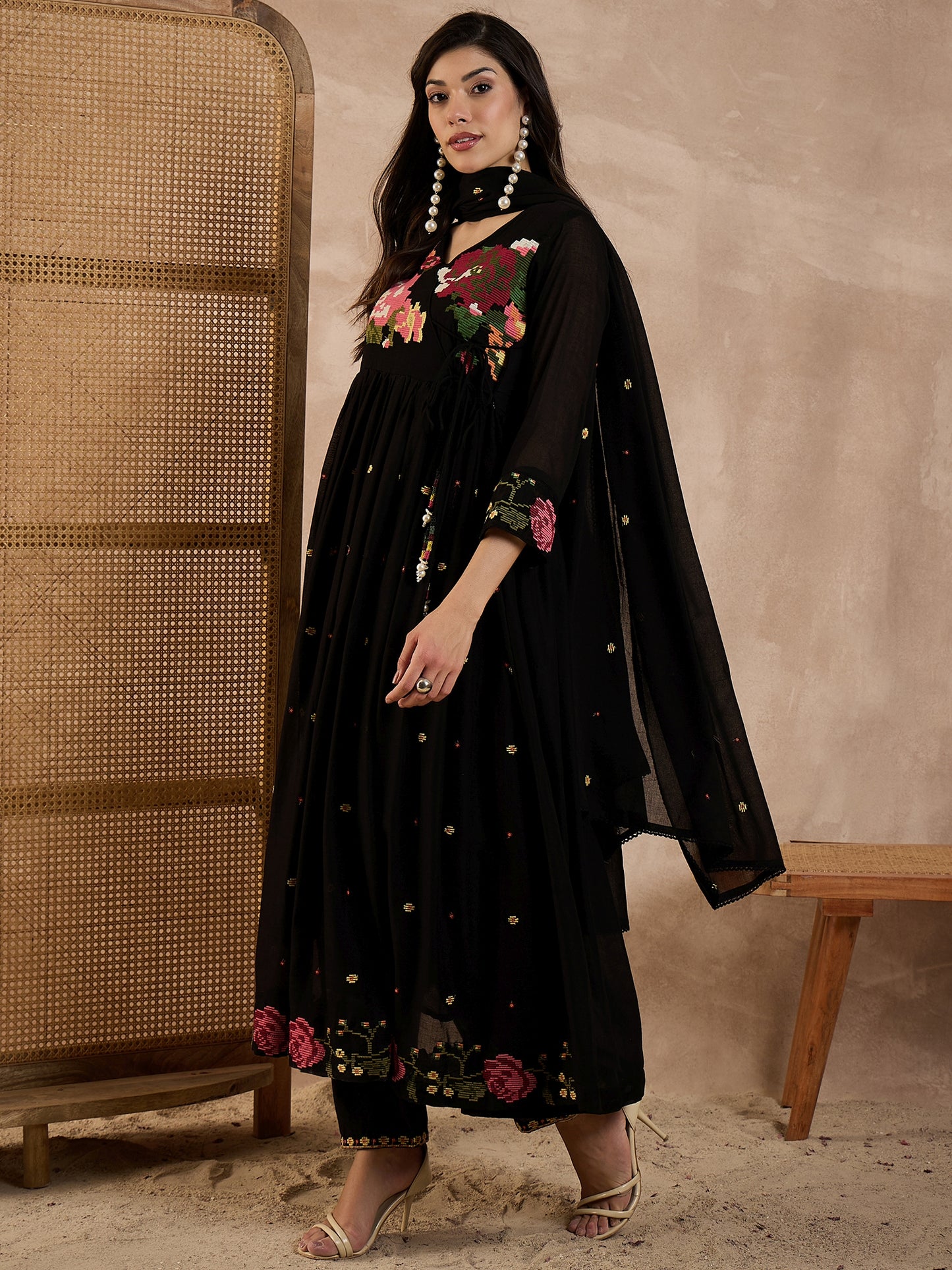 Women Floral Embroidered Pleated Voile Anarkali Kurta with Trouser & Dupatta