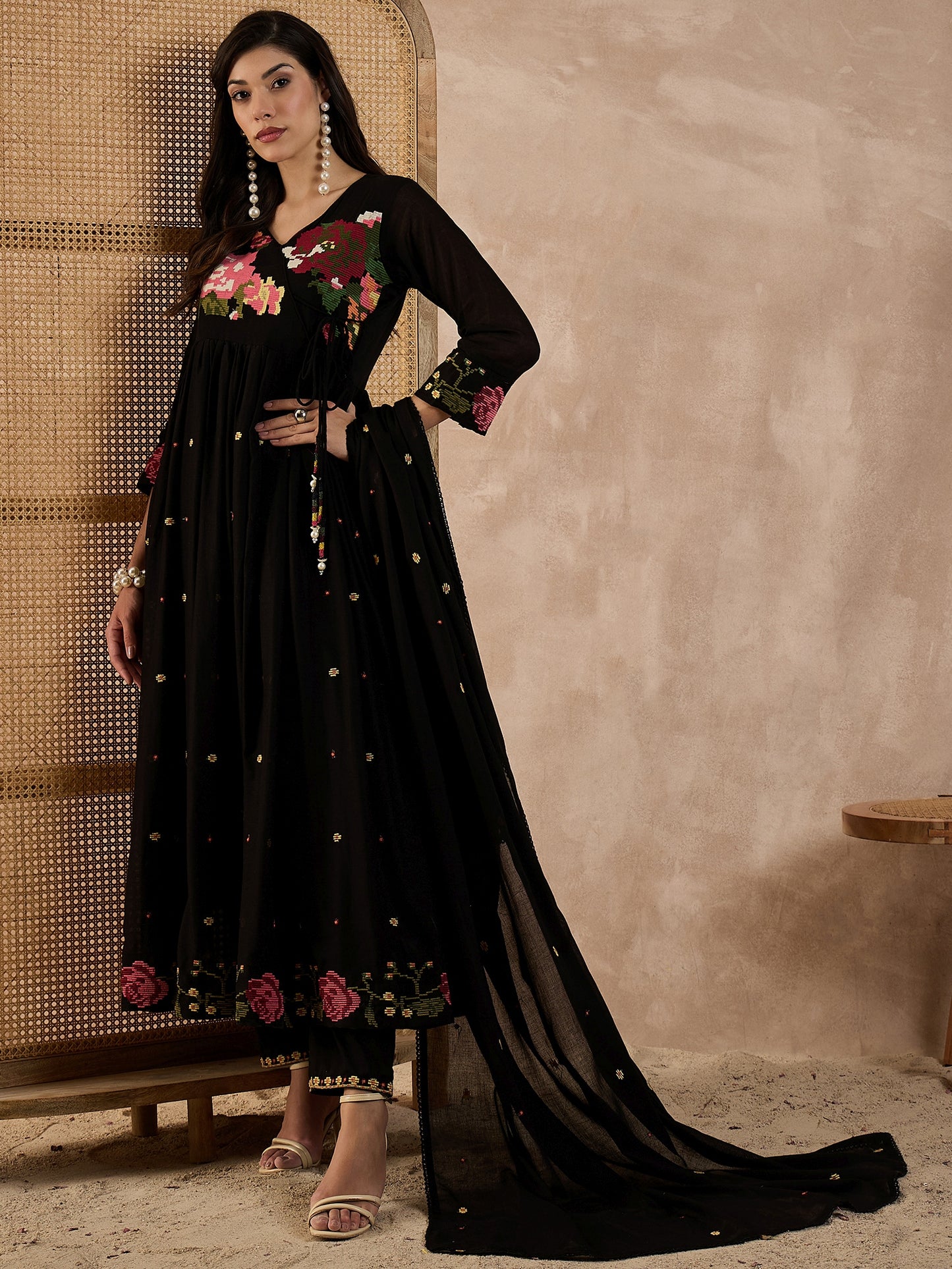 Women Floral Embroidered Pleated Voile Anarkali Kurta with Trouser & Dupatta