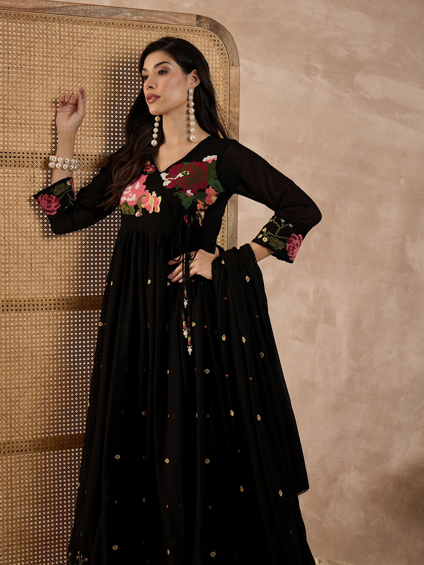 Women Floral Embroidered Pleated Voile Anarkali Kurta with Trouser & Dupatta