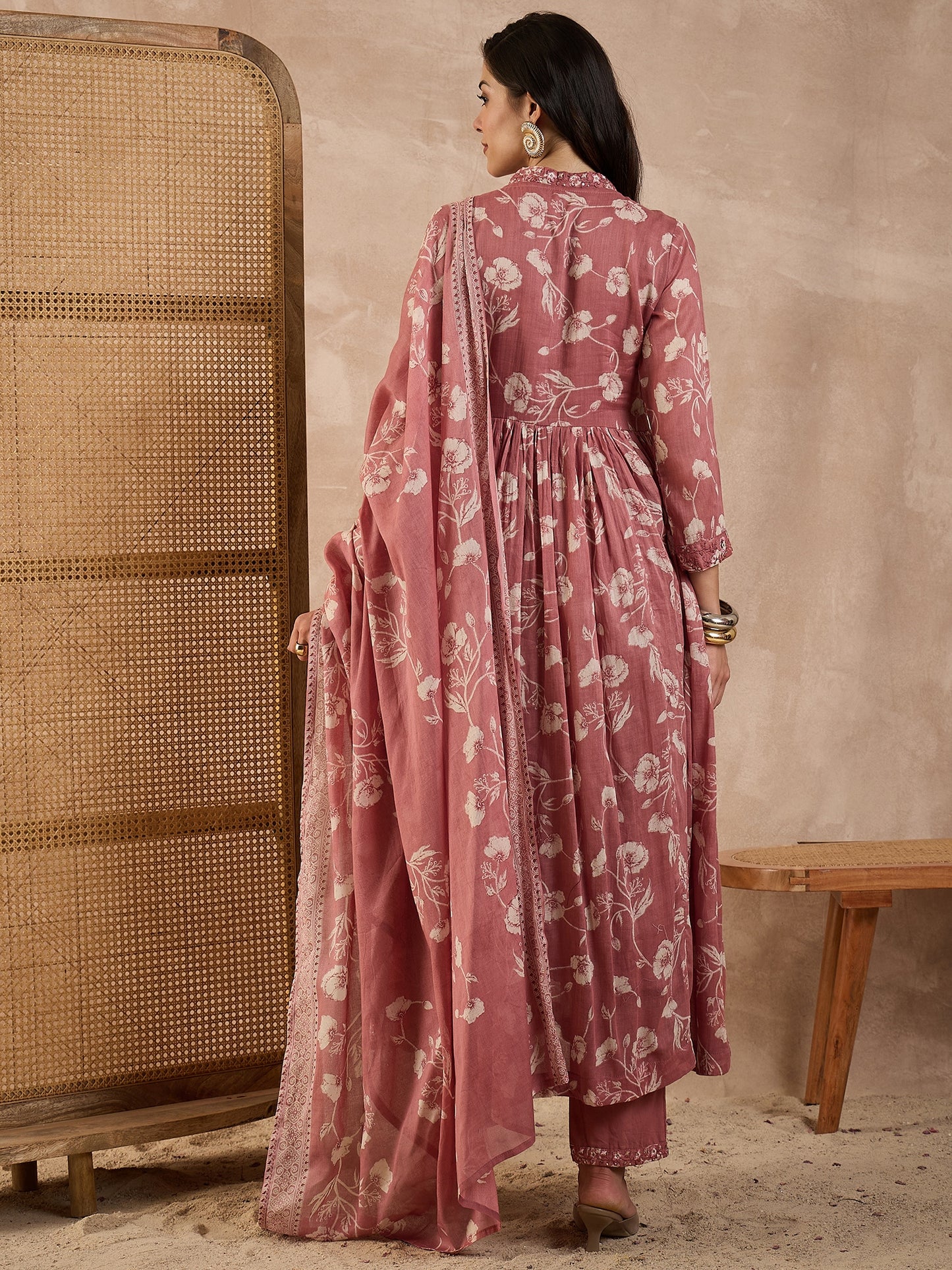 Women Floral Printed Anarkali Kurta with Trousers & Dupatta