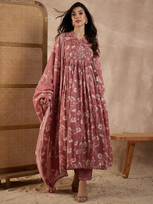 Women Floral Printed Anarkali Kurta with Trousers & Dupatta