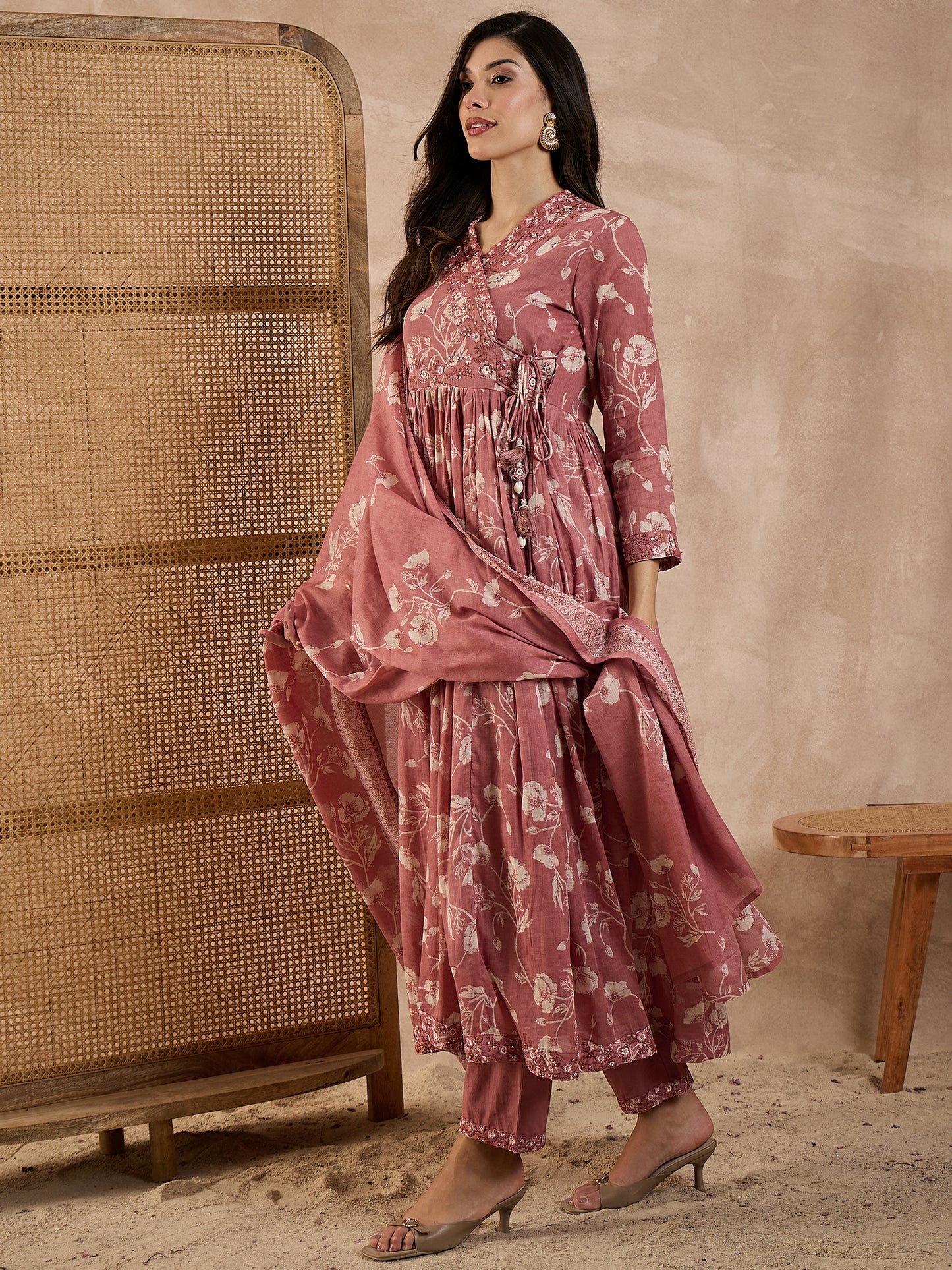 Women Floral Printed Anarkali Kurta with Trousers & Dupatta