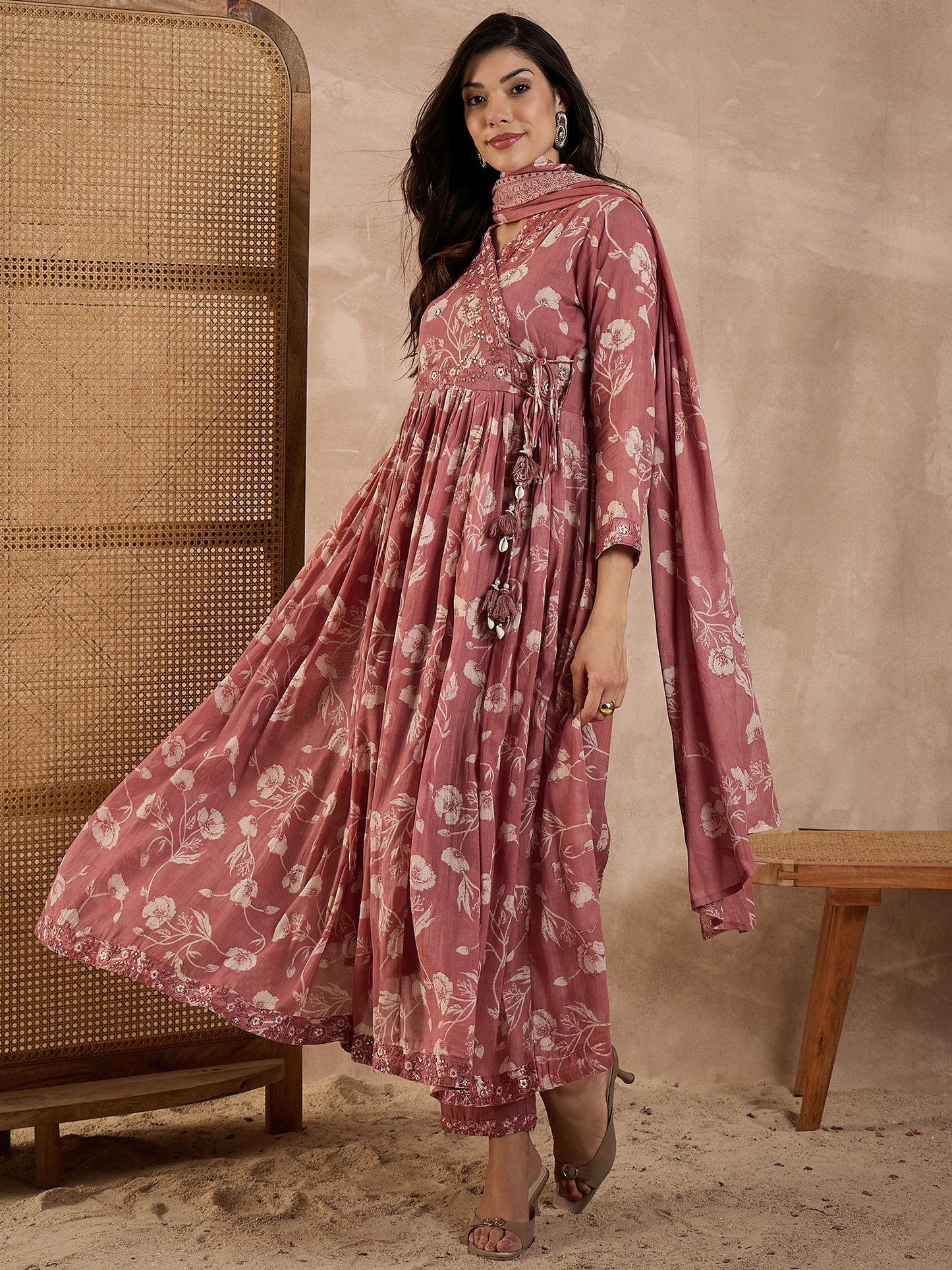 Women Floral Printed Anarkali Kurta with Trousers & Dupatta