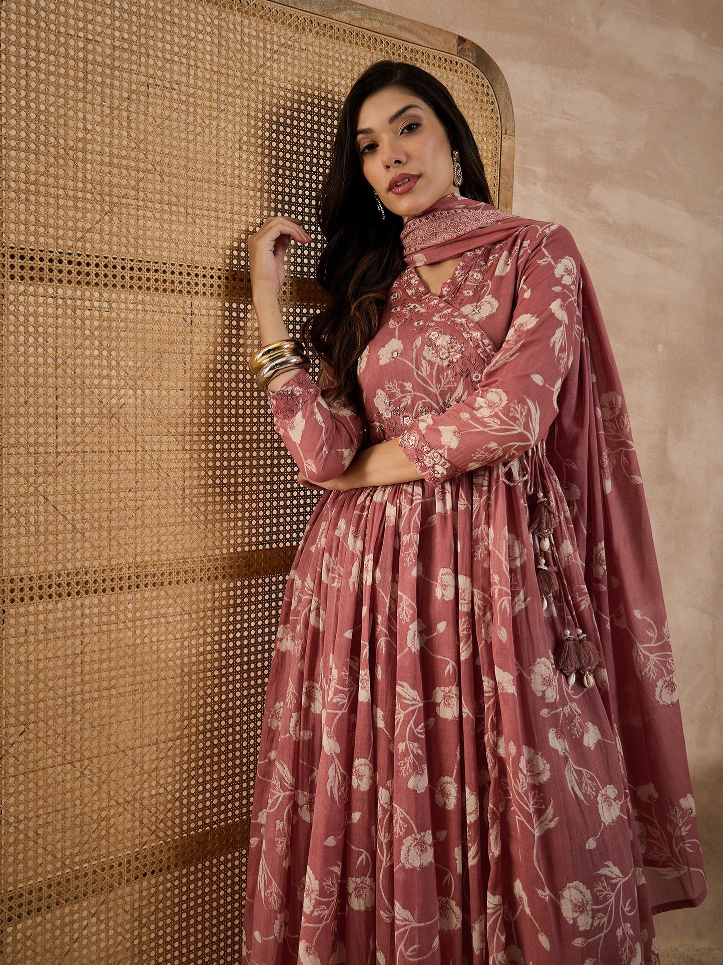 Women Floral Printed Anarkali Kurta with Trousers & Dupatta