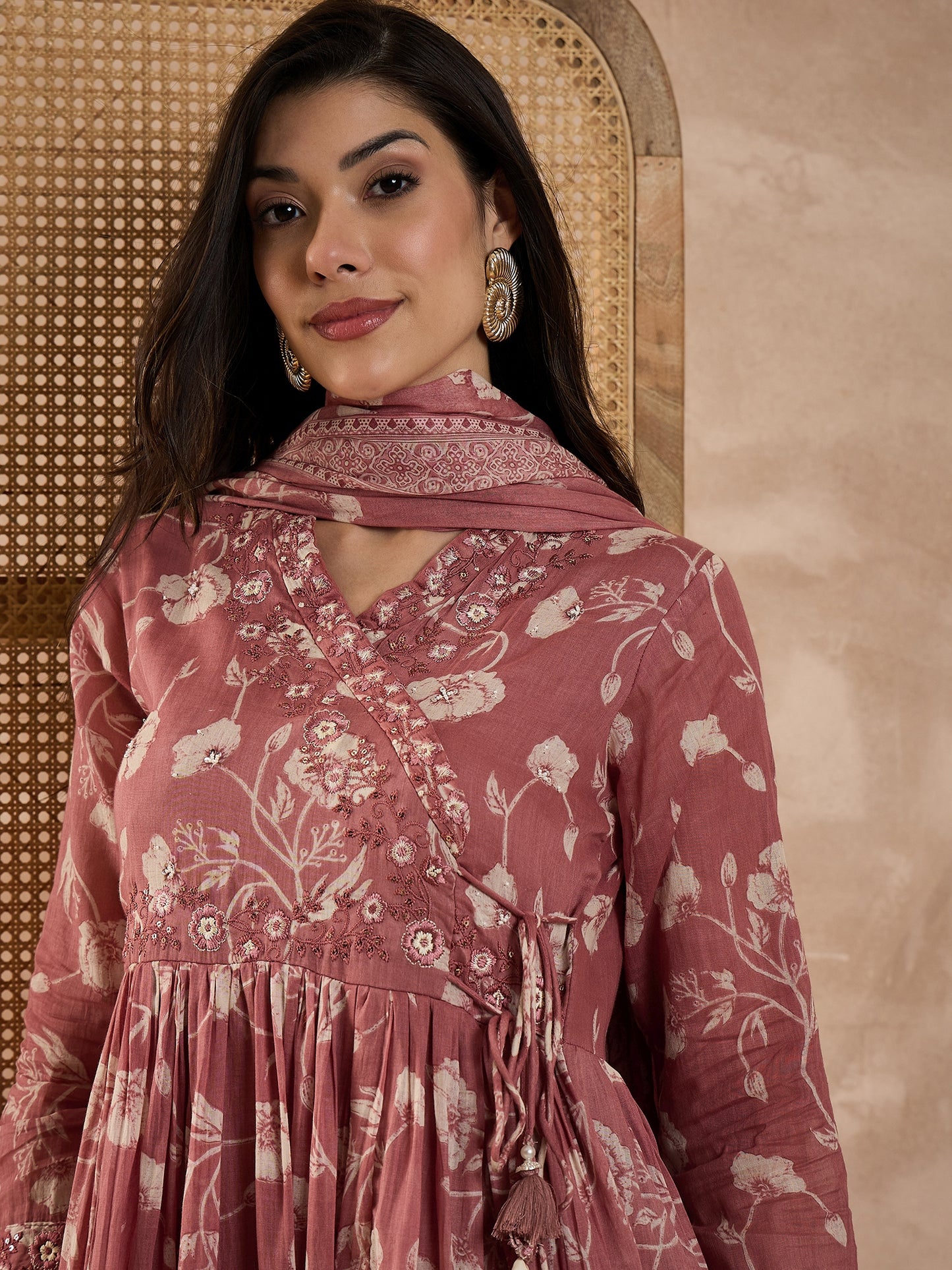 Women Floral Printed Anarkali Kurta with Trousers & Dupatta