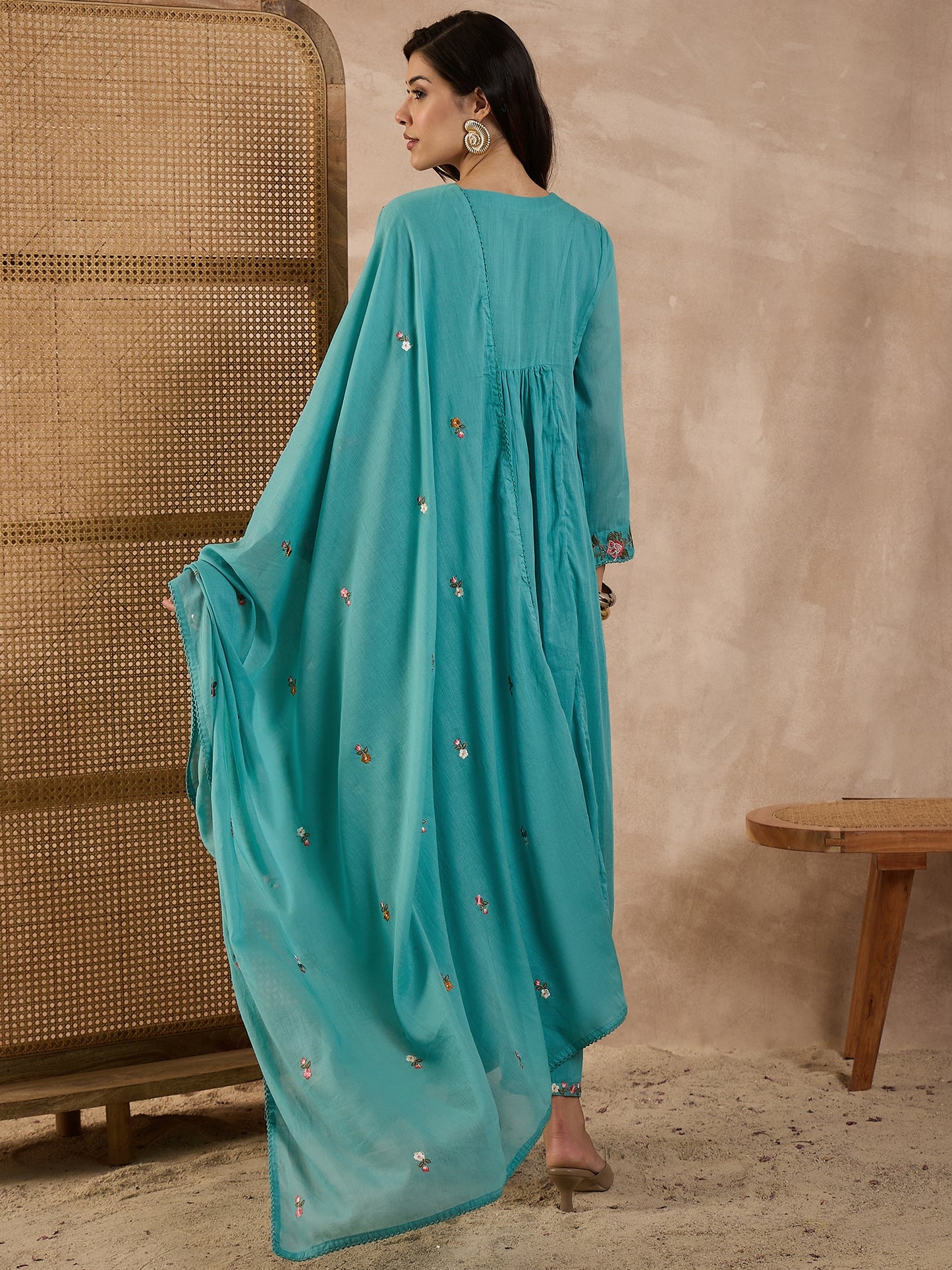 Floral Embroidered Pleated Thread Work A-Line Kurta With Trousers & Dupatta