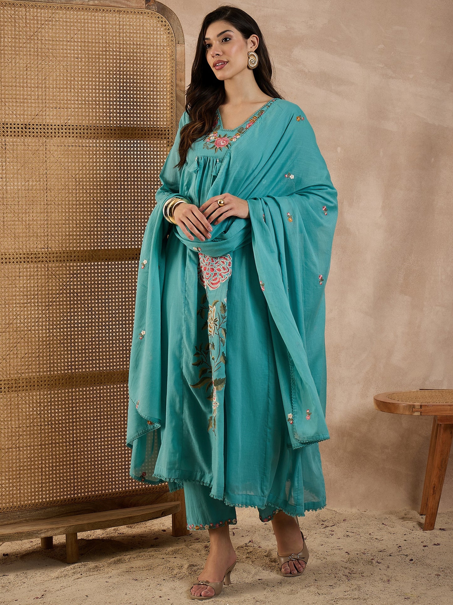 Floral Embroidered Pleated Thread Work A-Line Kurta With Trousers & Dupatta